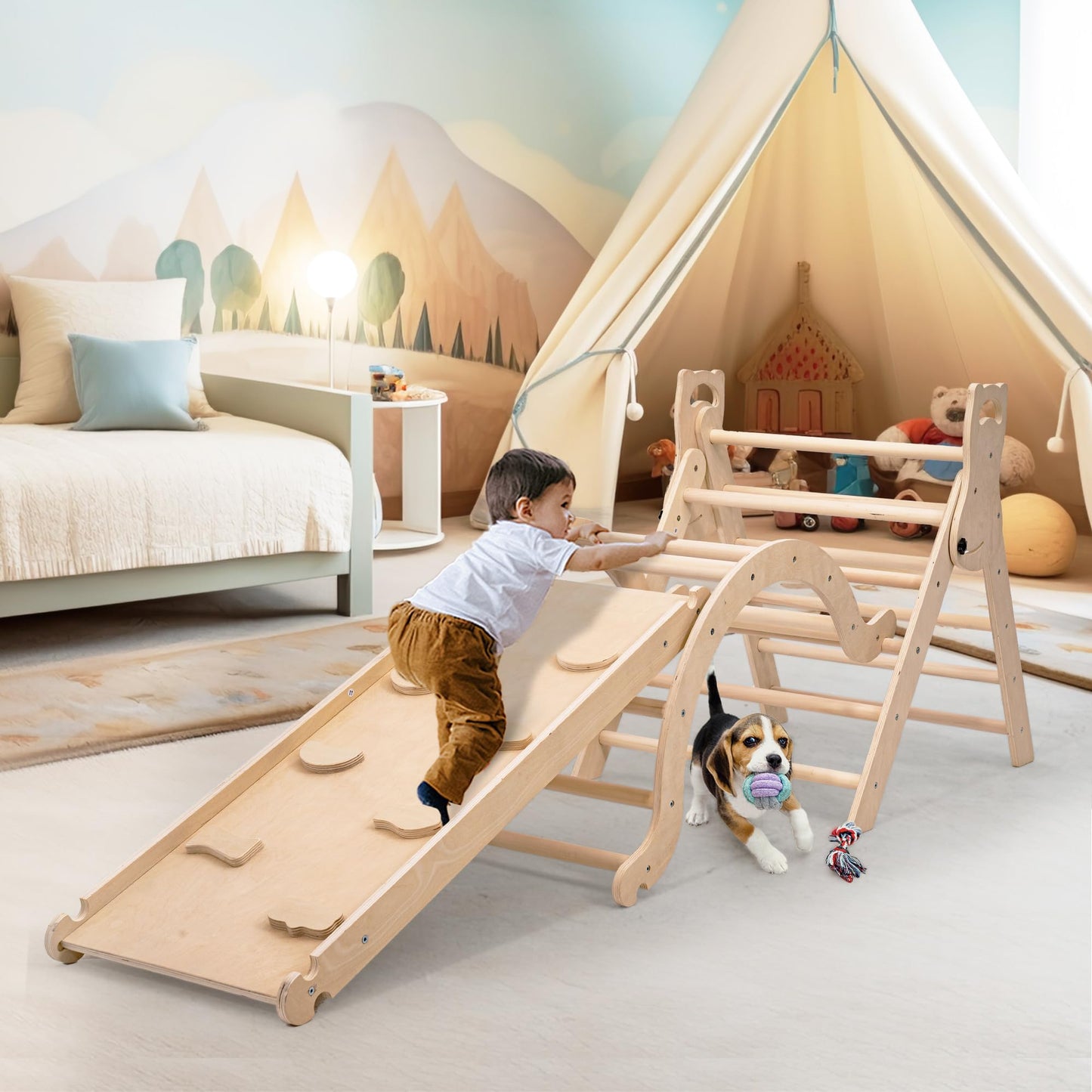 NEOCOZY Pikler Triangle Set with Cushion, Arch and Slide, Toddler Climbing Toys Indoor Playground, Montessori Climbing Set, Indoor Jungle Gym, Wooden Pickler-3 Piece Climbing Gym for Kids 1.5-6yr
