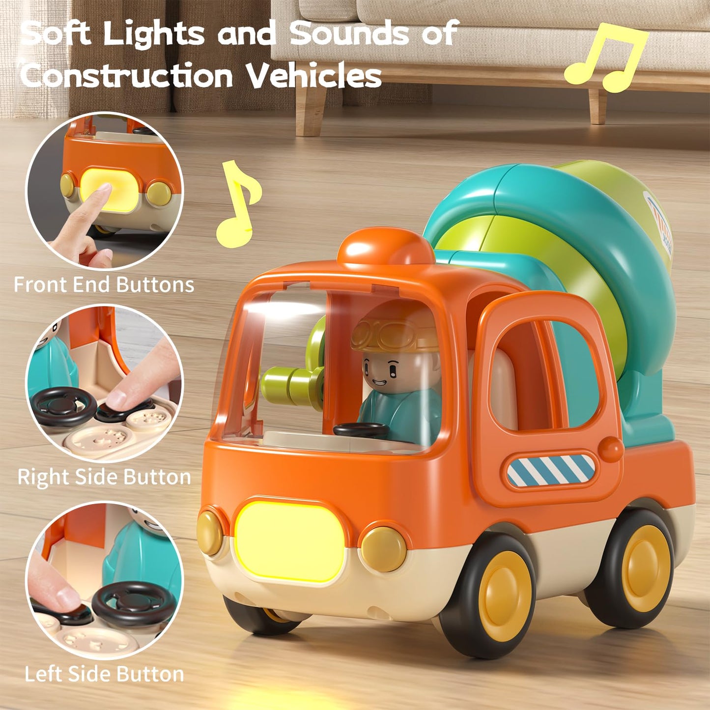 PANITU Baby Toys Push Cars for 1 2 3 Year Old Friction Powered Construction 3 Pack Friction Vehicle Set Excavator Dumper Cement Mixer Truck Lights and Musial Toys Birthday Gifts for Toddlers 1-3