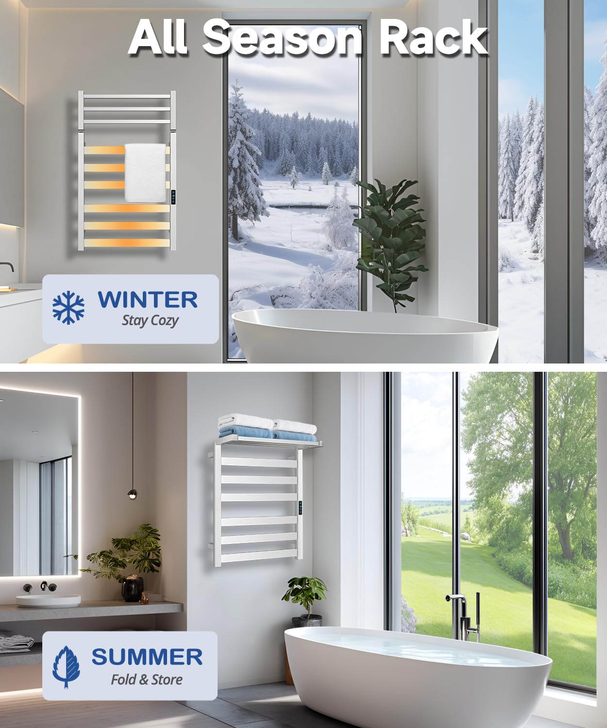 WiFi Heated Towel Rack Wall Mounted, Electric Towel Warmer with Foldable Bracket, Stainless Steel, LED Built-in Timer, Plug-in, Temperature & Timing Control, 6 Bars, Nickel Silver