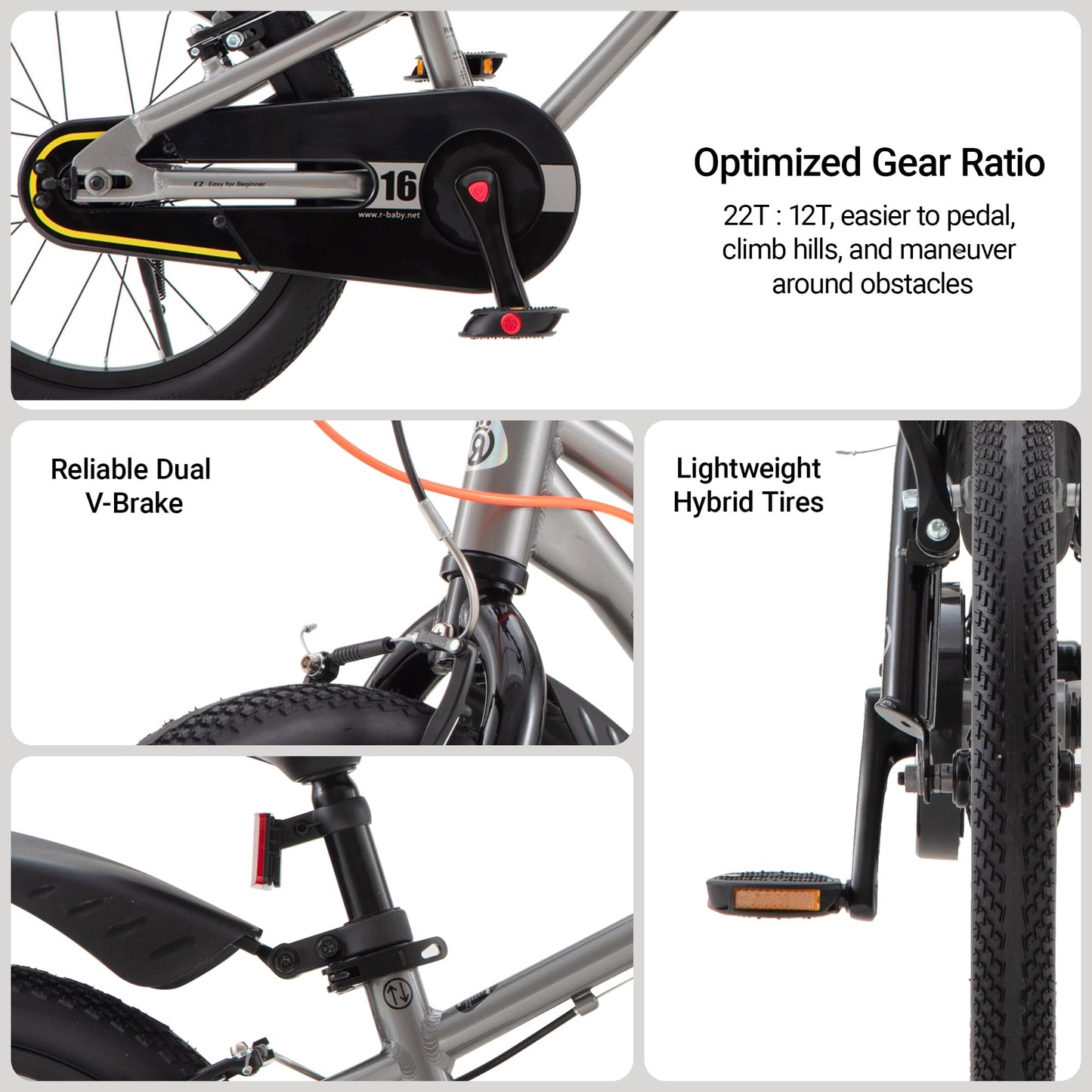 RoyalBaby EZ Fride Kids Bike, Lightweight Aluminum 2-in-1 Balance to Pedal Bike with One-Key Switch, 16 Inch for Age 4-7 Years, Gray