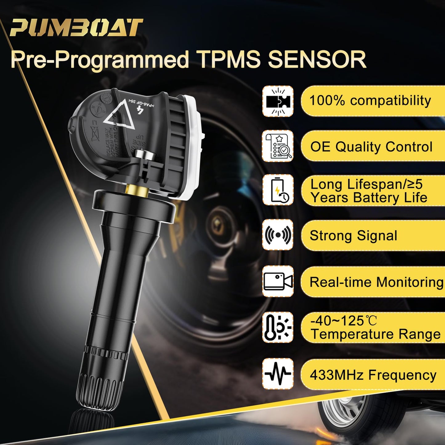 PUMBOAT TPMS 433Mhz 13598773 Pre-Programmed tire Sensor Compatible with:-Cadillac XT5 (17-22)|-Chevy Malibu (16-22)|Cruze (16-19)|Camaro (16-20)|-GMC Acadia (16-22)| KIT (4 PCS)