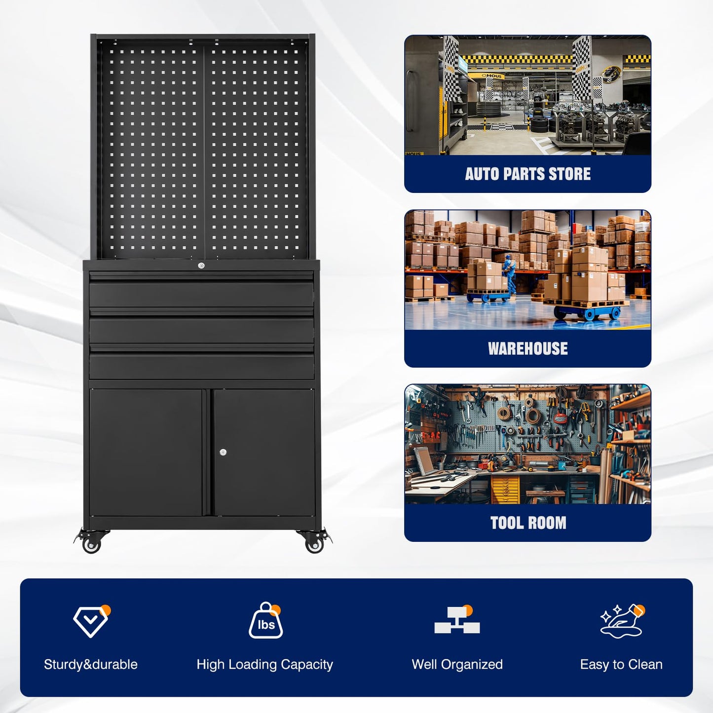 Yizosh Metal Garage Storage Cabinet with Wheels,3-Drawer Rolling Tool Cabinet with 2 Door and Adjustable Shelves,- 71" Steel Tool Cabinet for Warehouse,Garage,Workshop