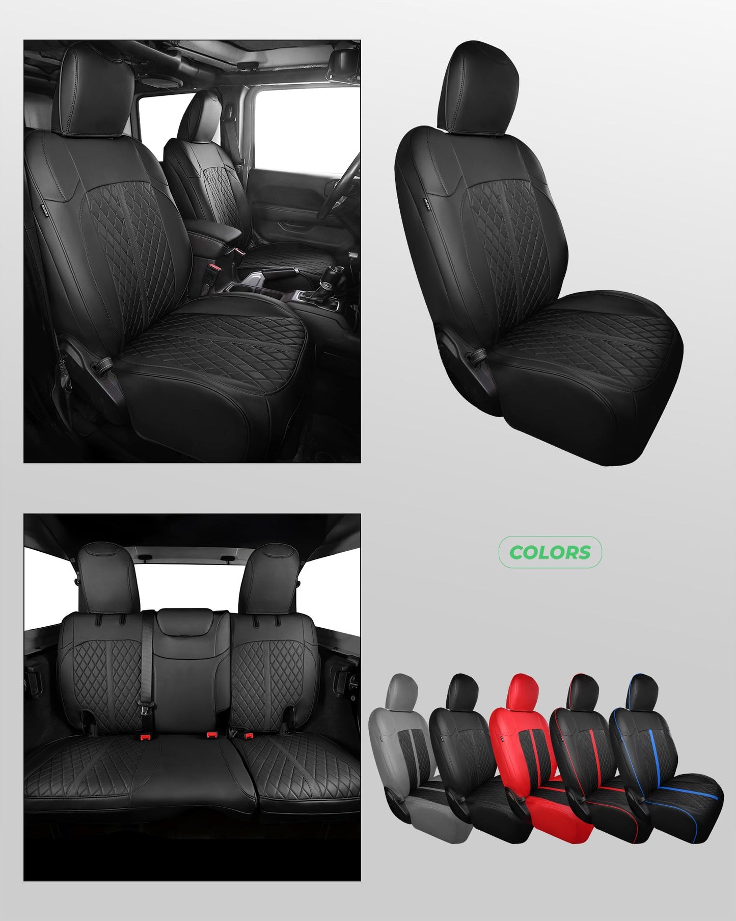 RIDEPOSH for Jeep Wrangler Seat Covers 4Door JL 2018 2019 2020 2021 2022 2023 2024 2025 2026, Custom Fit Car Seat Cover Full Set, Luxury Waterproof Leather Seat Protectors, Black, W/O Rear Cup Holder