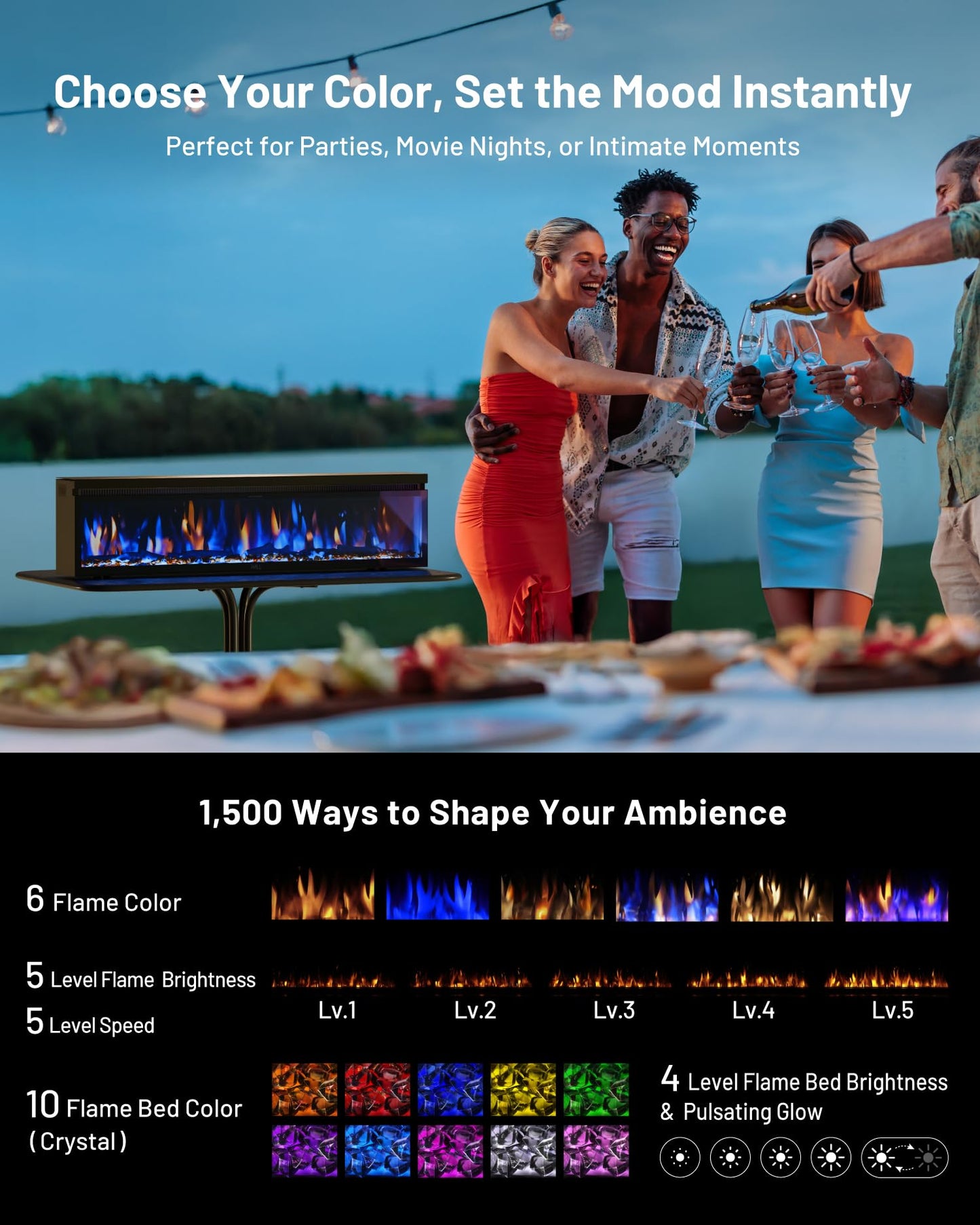 WALL SEVEN STAND A2 Grand Mobile TV Stand with FLAMEBAR Electric Fireplace & Shelf | Fits 45–80" TVs | Satin White | 1500 Flame Color Combinations | WiFi Enabled, 750/1500W Heater, Space-Saving Design