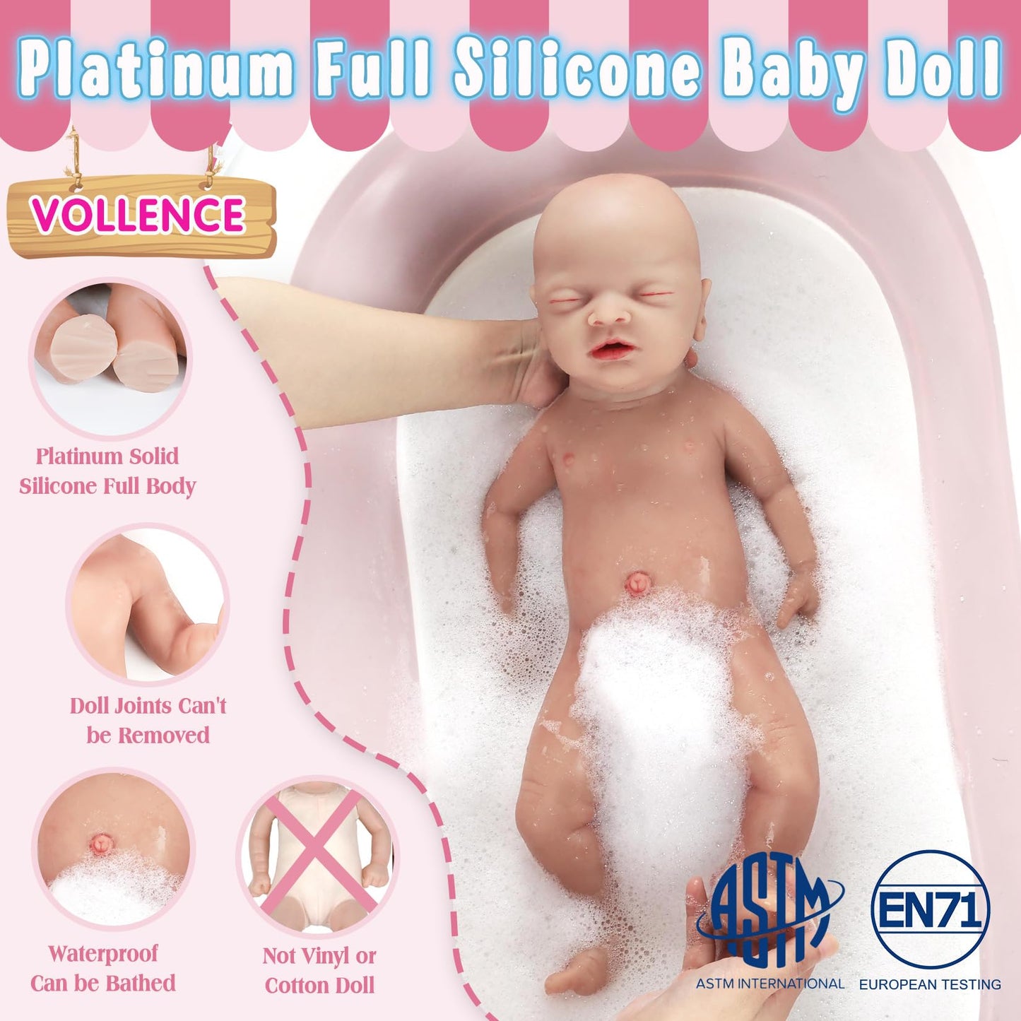 Vollence 18 inch Sleeping Silicone Baby Dolls Girl Weighted 6.56 lb,[NOT Vinyl],Silicone Full Body Reborn Lifelike Realistic Real Life Newborn Soft Babies Gift with Feeding Accessories for Kids Age 3+