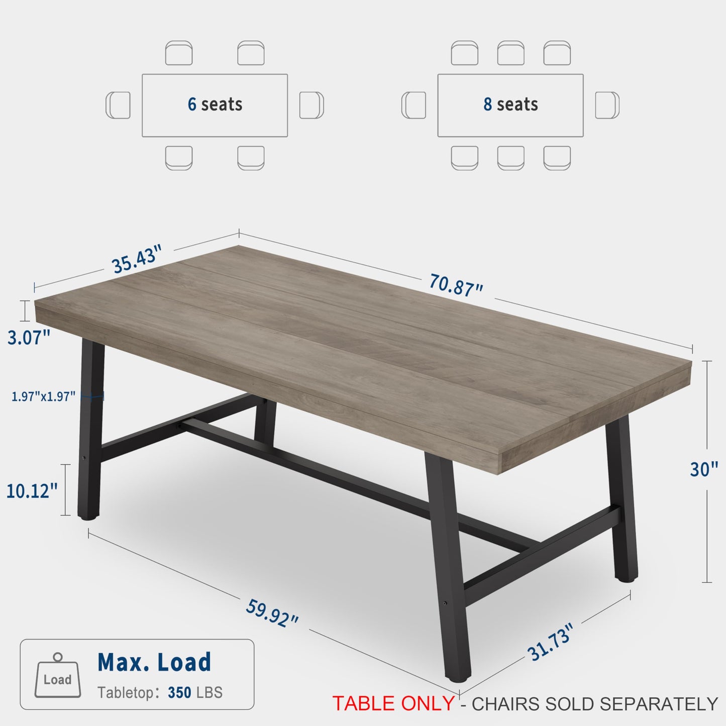 GarveeHome Industrial Dining Table for 6-8 People, 70.87" Long Wooden Kitchen Table with Sturdy Metal Frame & Grey Finish, Seats 6 Rectangular Counter for Dinner, Kitchen, Dining Room - Grey