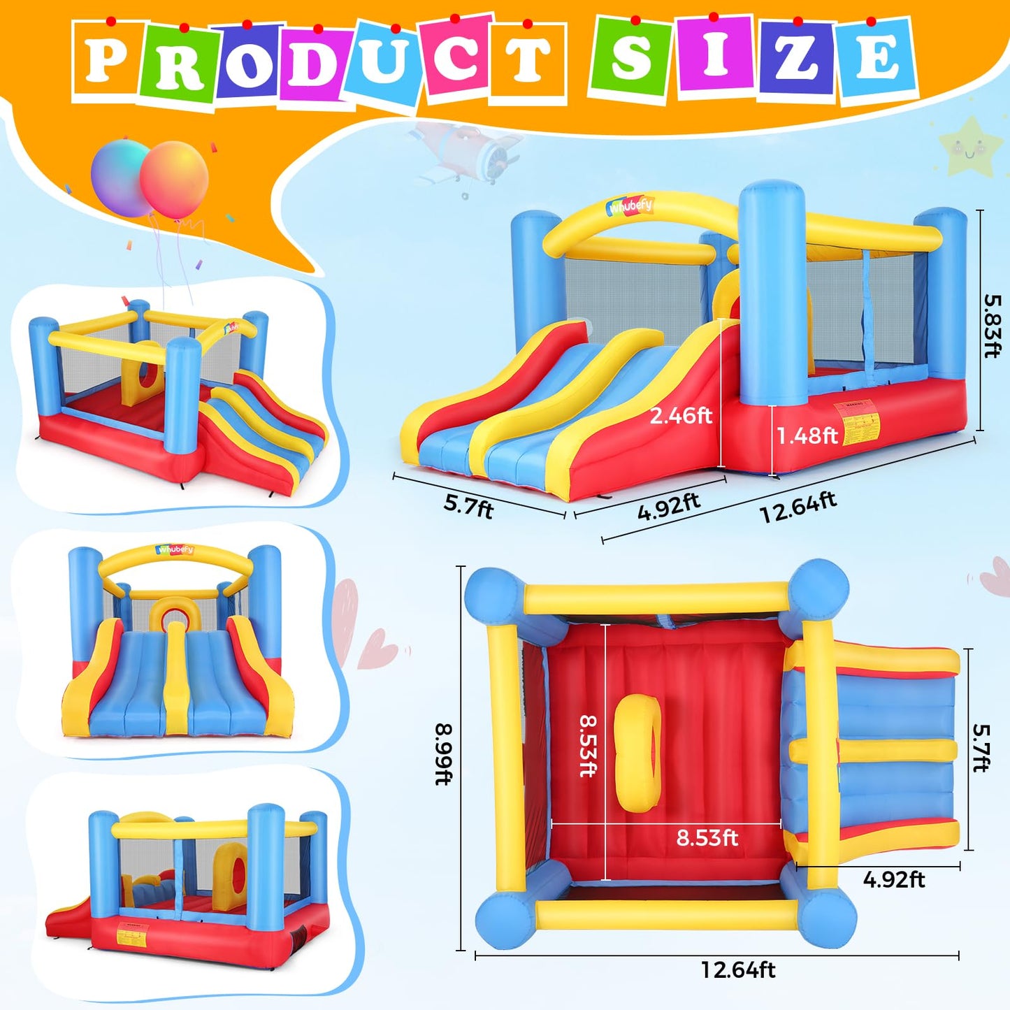 Whubefy Bounce House for Kids 3-6 Big Kids 8-12, 12.6FTx9FT Inflatable Bounce House with Blower Double Slide Obstacle, Indoor Outdoor Blow up Bouncy Castle Jump House for Family Backyard Party Gift