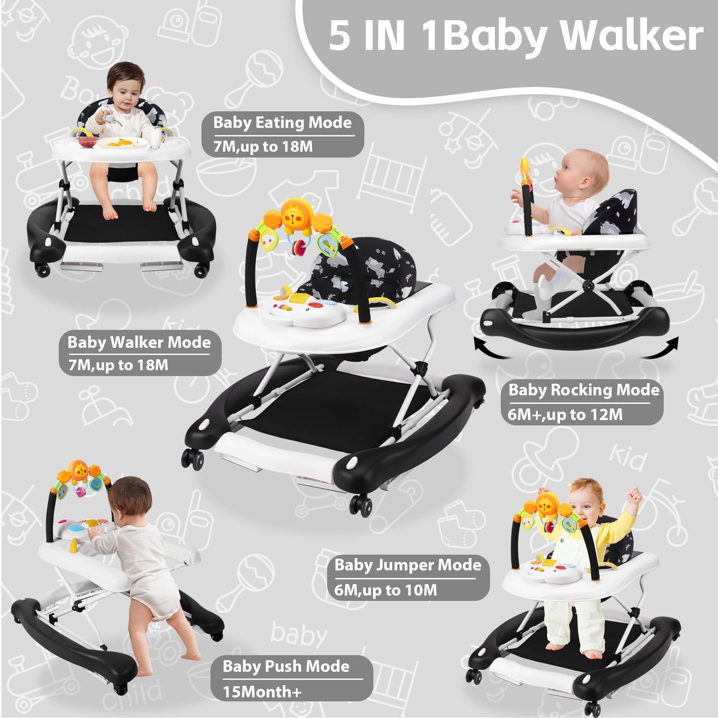 RefoereBabe Baby Walker, 5 in 1 Baby Walkers for Boys Girls 6-12 Months, Foldable Walkers for Babies with Bouncer & Feeding Tray, Music, Adjustable Heights, Activity Walker for Infant
