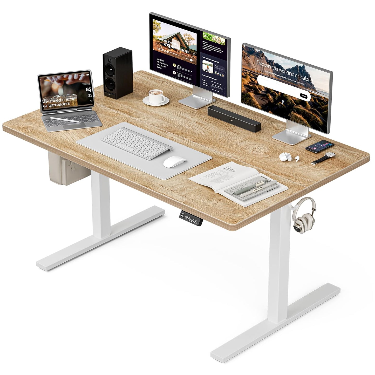 Grandder 47x32 Large Electric Standing Desk, Height Adjustable Computer Desk with 2 Memory Presets, 31.5" Deep Desktop Sit Stand Desk Home Office Desk Workstation Table with Hooks, Oak