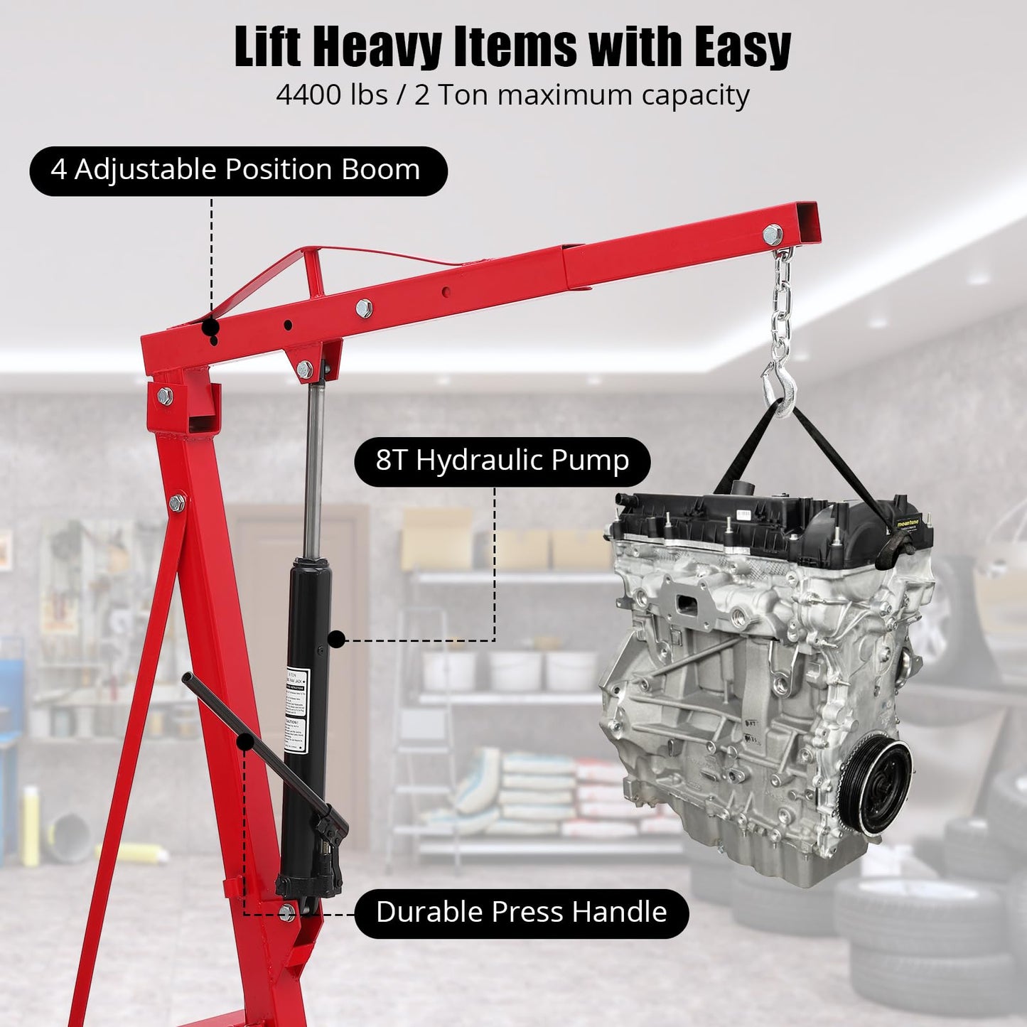 Towallmark Engine Hoist 2 Ton, Folding Cherry Picker Engine Hoist with Lever and 6 Casters, Heavy Duty Hydraulic Shop Crane, Engine Crane Lifter for Garage Workshop