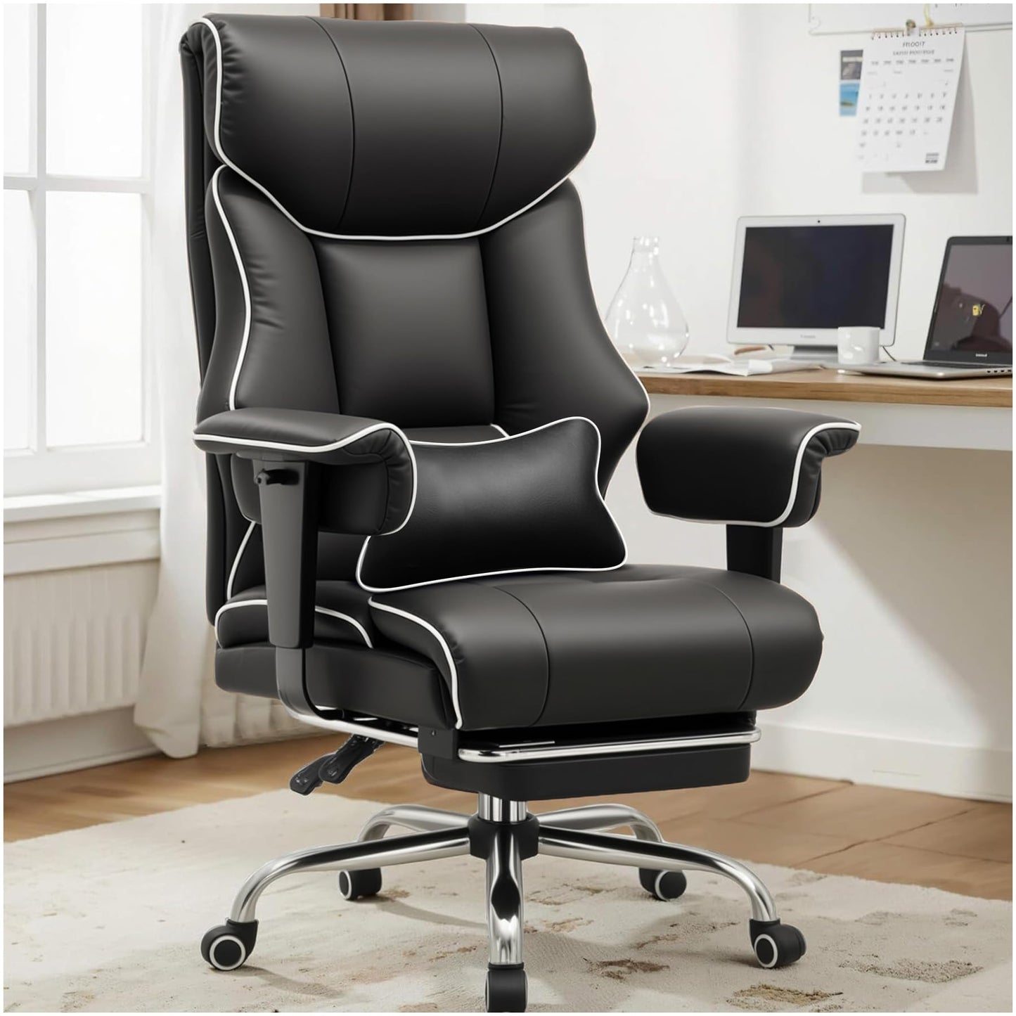 COMHOMA Big and Tall Office Chair 400lbs High Back Gaming Chair with Ergonomic Lumbar Support & Pocket Spring Cushion for Lower Back Pain Relief, Leather Executive Chair with Foot Rest, Iron Black
