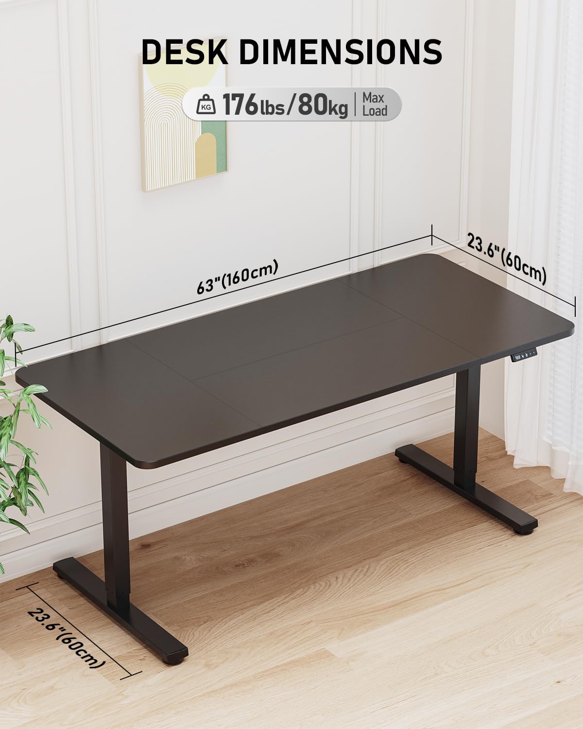 Xyndyx Standing Desk, Large Height Adjustable Electric Stand up Desk, 63 x 24 Inches Sit Stand Home Office Desk, with Splice Board, Black Frame/Black Top