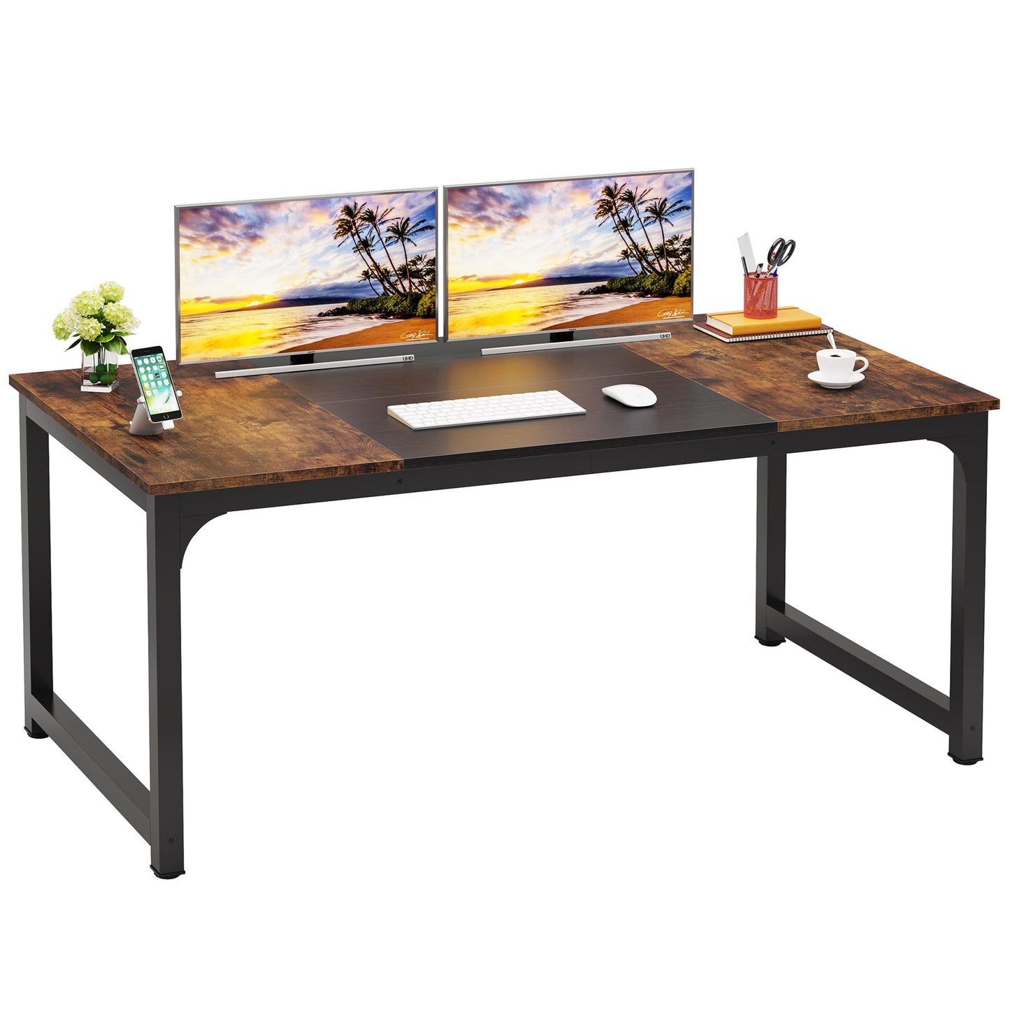 LITTLE TREE 70.8 Inch X-Large Executive Computer Office Desk, Brown+Black
