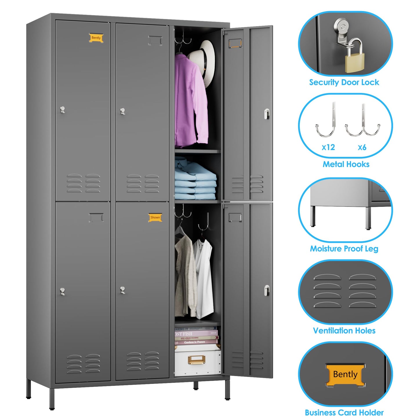 SPKAPO 6 Doors Metal Lockers for Employees with 18 Hooks,Meta Storage Locker with Business Card Holder for School Office Gym Garage Home,Assembly Required,Dark Gray