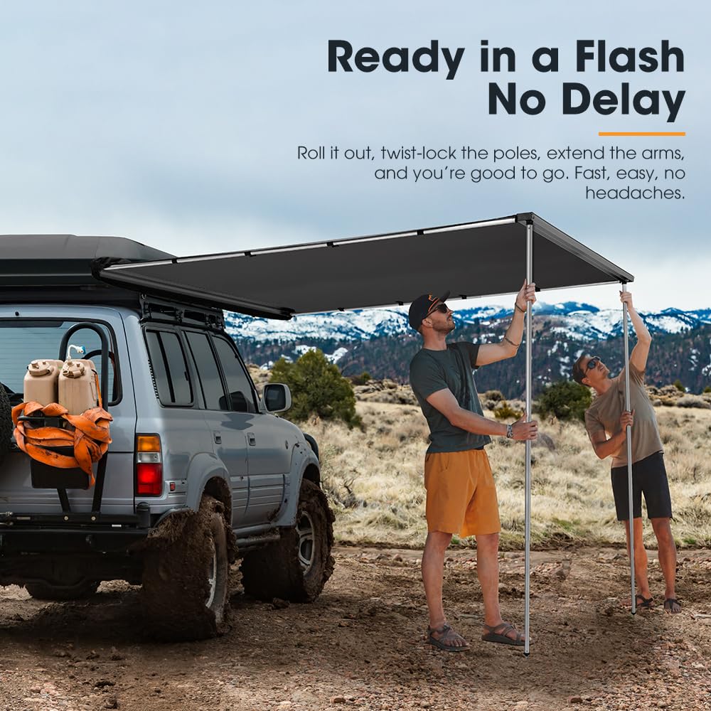 SanHima Vehicle Awning 6.6ft x 8.2ft - Roof Rack Pull Out Side Awning 54ft² Sun Shade UPF50+ Weatherproof for Camping Car SUV Truck Van
