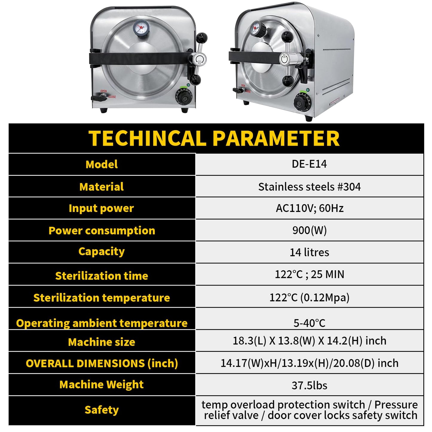 DEVALLEY 14L Autoclave Sterilizers Lab Autoclave Machine,110V 900W Sterilizer Autoclave for Tools,Stainless Steel Steam Sterilizer,High Temperature Sterilizer Machine for Esthetician