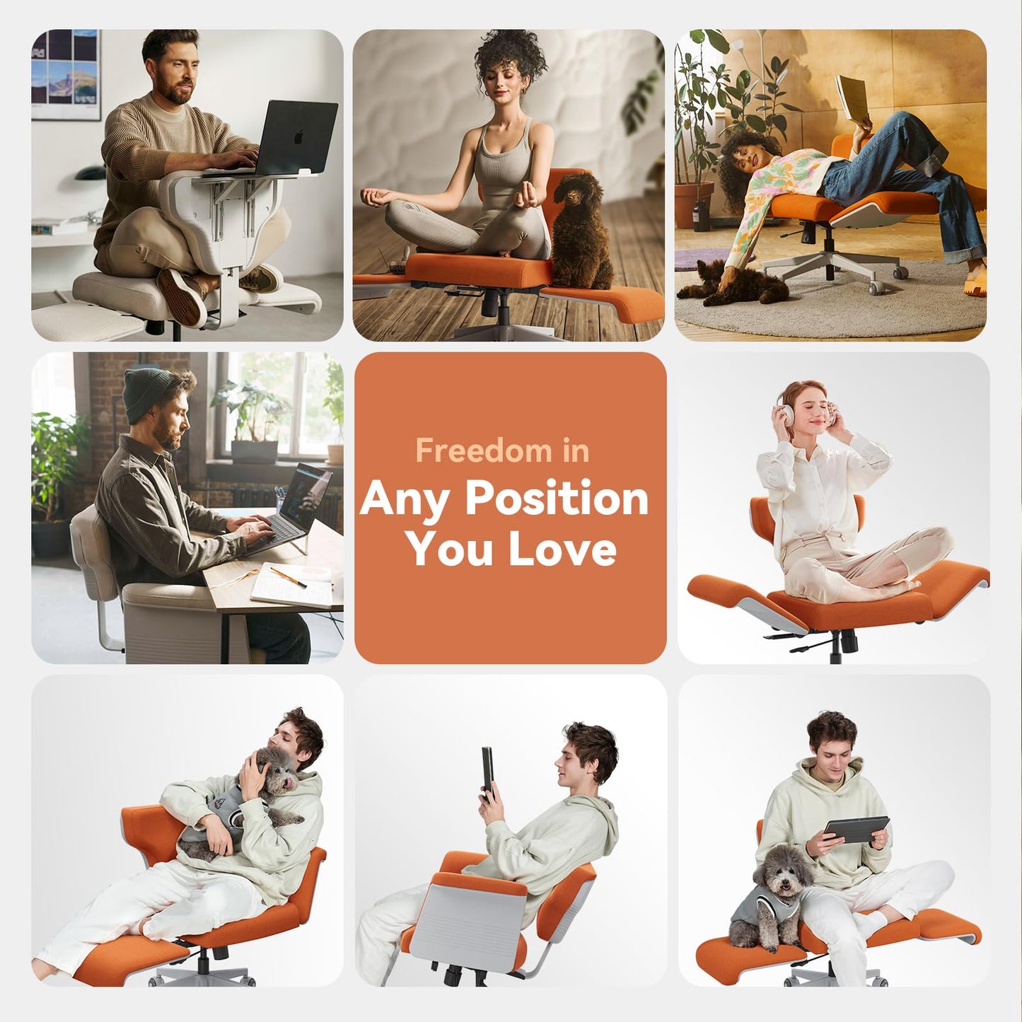 Newtral Criss Cross Chair with Wheels & Armrests, Ultimate Cross Legged Office Chair with Hidden Tray, Multi-Position Recliner Vanity, Ideal for Home Office, Bedroom (Criss Cross Chair, Orange)