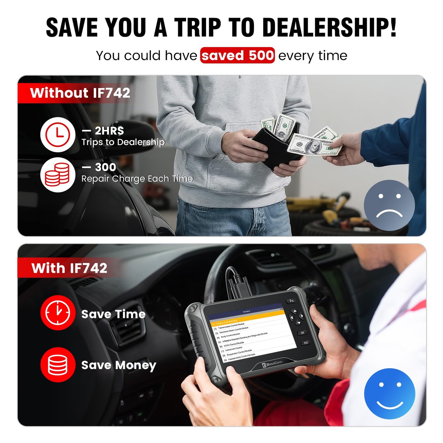 2026 BOSSCOMM IF742 OBD2 Scanner, ABS/SRS/Transmission/Check Engine Code Reader Scan Tool with 6 Resets, ABS Bleeding/Oil/EPB/SAS/Throttle/BMS, Scanner Diagnostic Tool for All Cars, Free Update, EN/ES