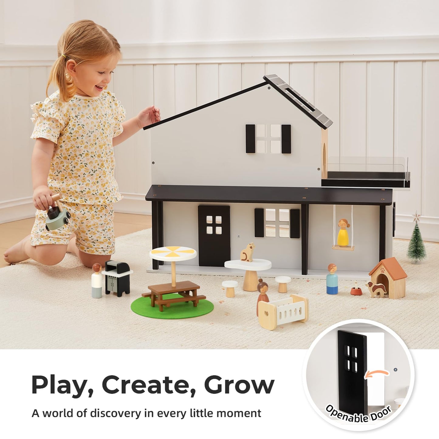 OOOK Wooden Dollhouse, Modern Doll House with 66Pcs Luxurious Furniture Accessories, Including Dolls and Pet Sets, Wood Dollhouse Toy for Boys and Girls 3+