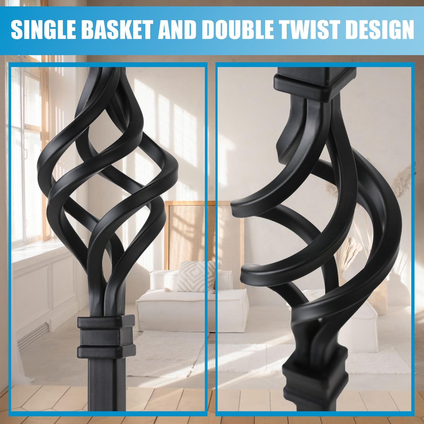 30 Pack Staircases Iron Balusters -1/2'' Square Hollow Metal Spindles with Single Basket and Double Twist Design, Includes 30 Flat Shoes & 30 Angle Shoes