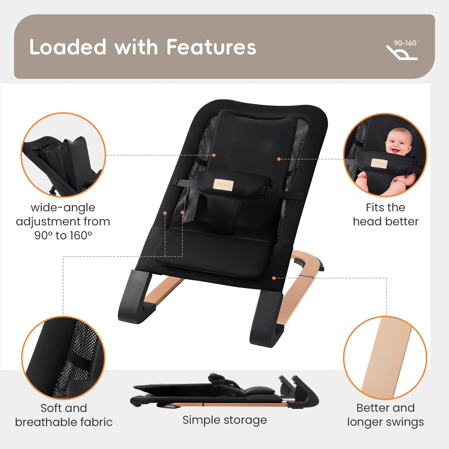 Baby Bouncer for Newborns 0-12 Months: 0-5 Years Portable Infant boy Bouncer Seat Chair in Black with Adjustable Recline & 3-Point Harness, Supports Up to 60 lbs
