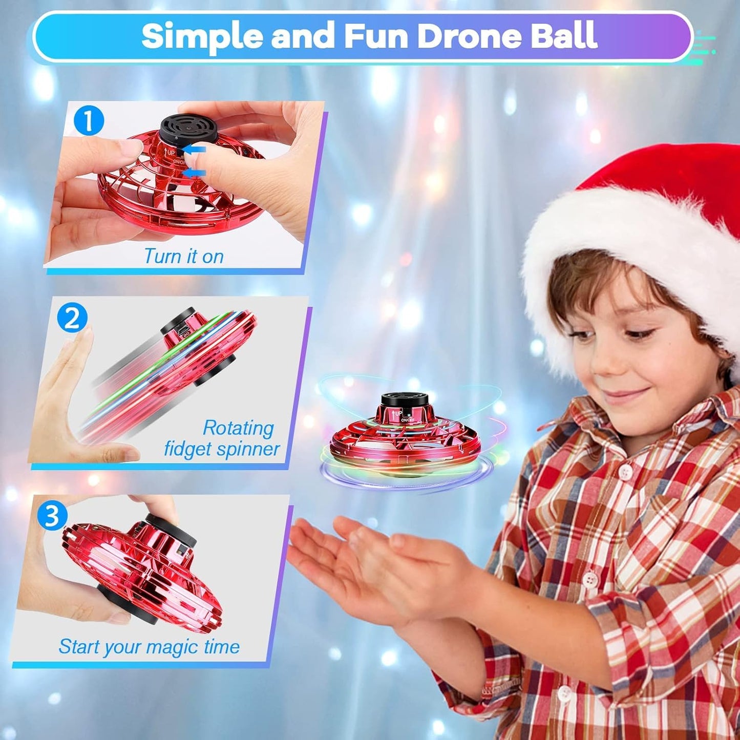 Vantexi Drone for Kids Flying Toys,2026 Upgrade LED Fidget Spinner,Hand Operated Fidget Flying Spinner Toy for Indoor Outdoor, Christmas Birthday Gifts for 6 7 8 9 + Year Old Boys Girls (Blue&Red,ABS)