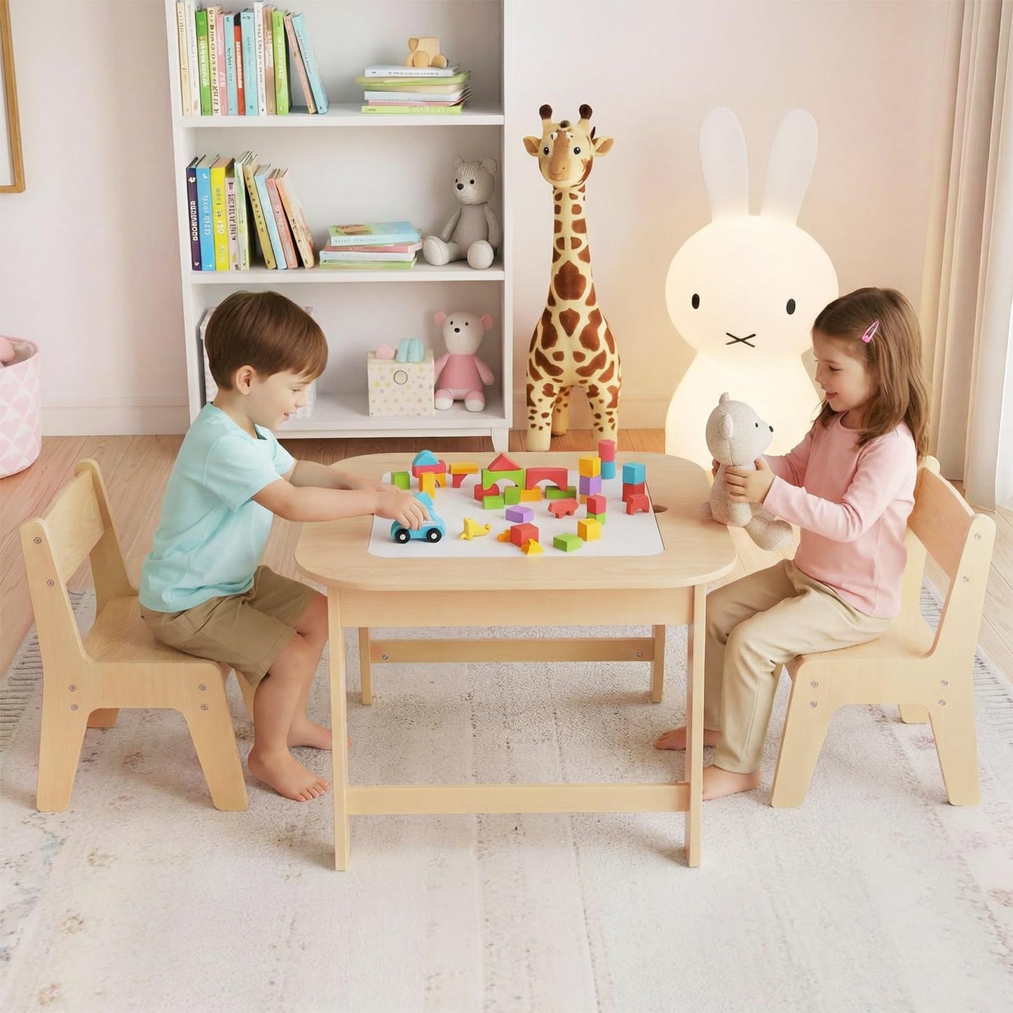 INFANS Kids Table and Chair Set, 3 in 1 Wooden Activity Table with Removable Tabletop, Blackboard and Whiteboard for Toddlers Arts Crafts Drawing Reading Playing, Playroom Nursery (Natural)