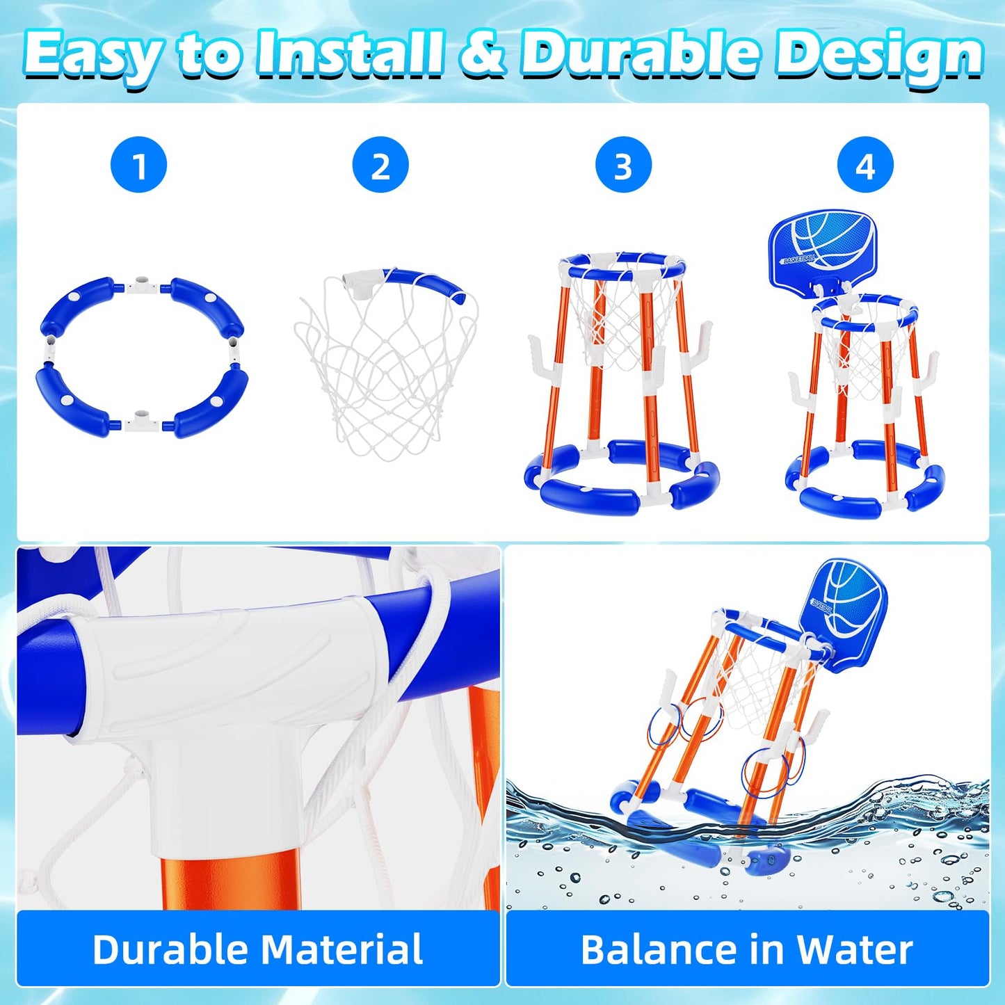 Pool Basketball Hoop with Backboard, Floating Pool Toys for 3-12 Years Old Kids Ring Game with 4 Balls 8 Rings & Pump Outdoor Swimming Pool Basketball Games Water Play Toy Family Party for Kids Adults