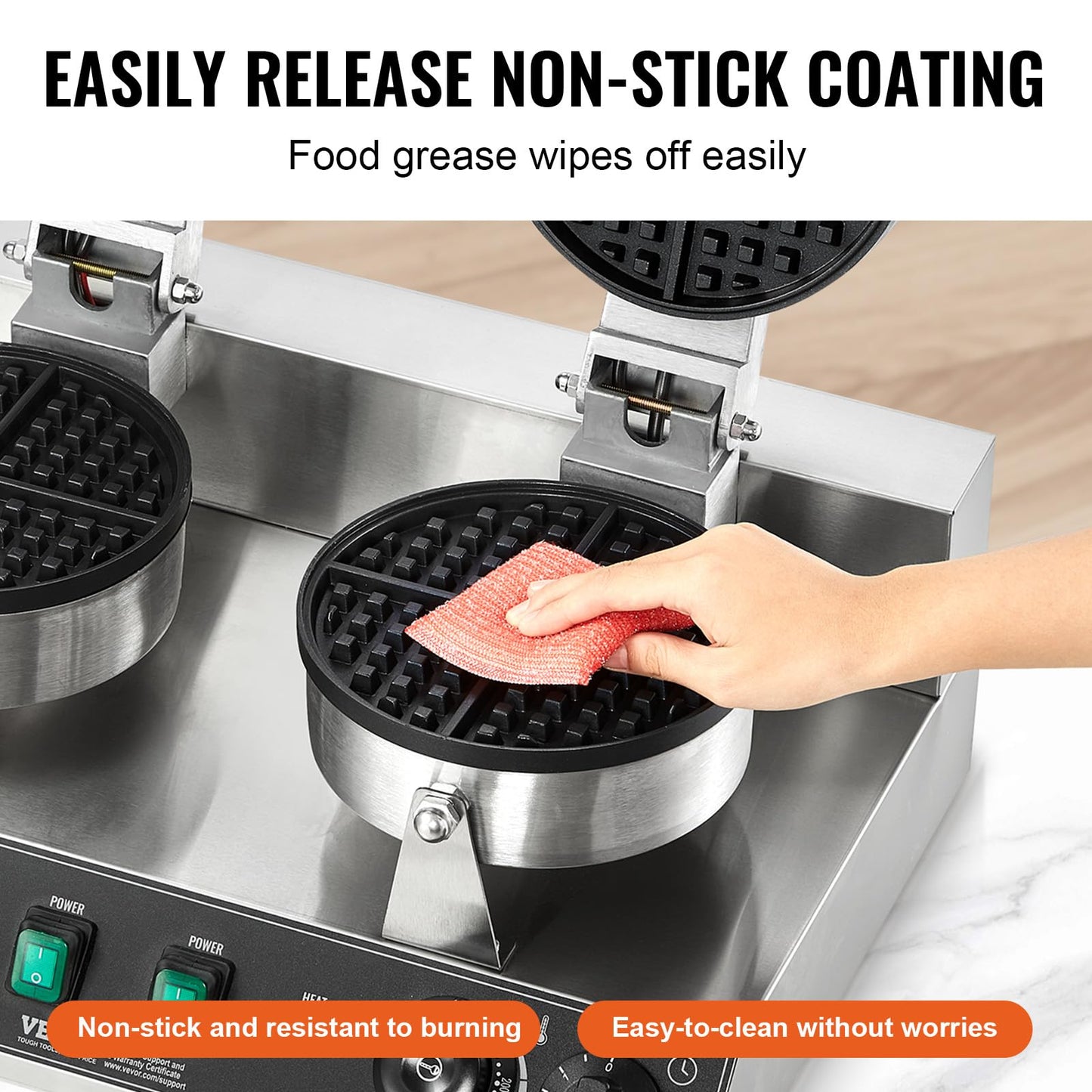 VEVOR Commercial Waffle Maker, Dual-Head Round Waffle Baker Machine, 2460W Non-Stick Stainless Steel Belgian Waffle Iron with Temp and Time Control, Handle, for Restaurant Bakery Snack Bar Family