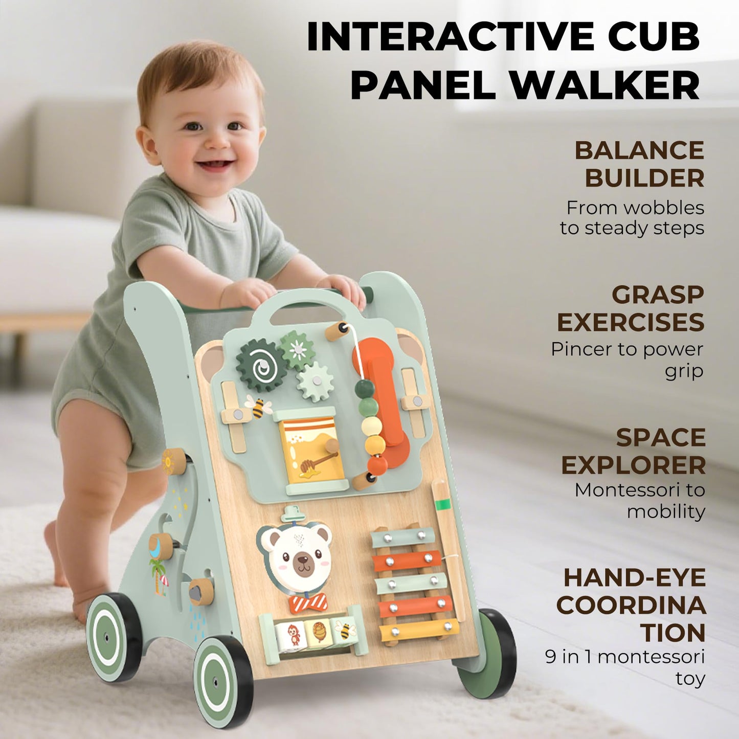 WOODMAM Wooden Baby Walker, Adjustable Speed Baby Push Walker for 1 Year Old, 10-in-1 Montessori Walker for Boys & Girls, Toddler Sit-to-Stand Learning Toy with Detachable Busy Board