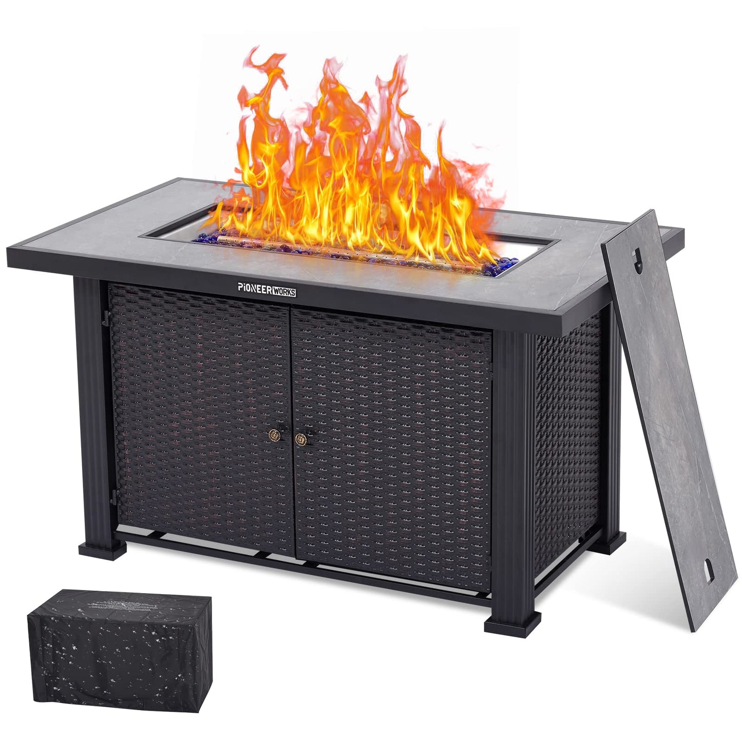 44 in Propane Fire Pit Table (Double Door), 50000BTU Rectangle Fire Table with Cover & Rain Cover, Sturdy Steel and Iron Fence Surface, CSA Safety Certified, Companion for Your Garden