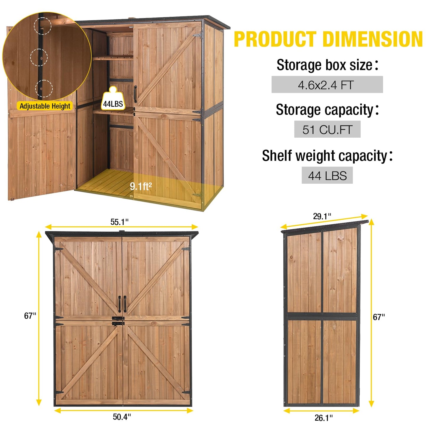 Aivituvin Storage Shed Outdoor Storage Cabinet Upgraded with All Arounded Metal Frame, Wooden Floor and Adjustable Shevels 55" L x 29" W x 67" H, Brown