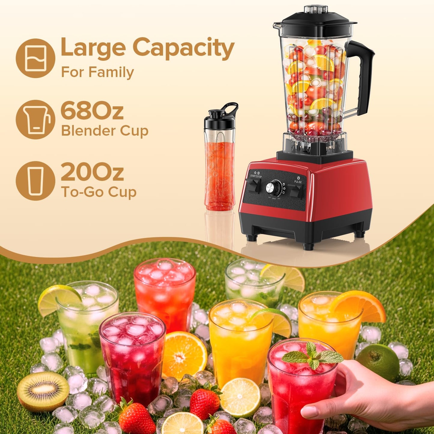 Blenders for Kitchen, Large Capacity, Professional Blender for Smoothies, BPA-Free, for Ice Crush, Frozen Drinks with 68Oz. Pitcher and 20Oz. To-go Cup, Red