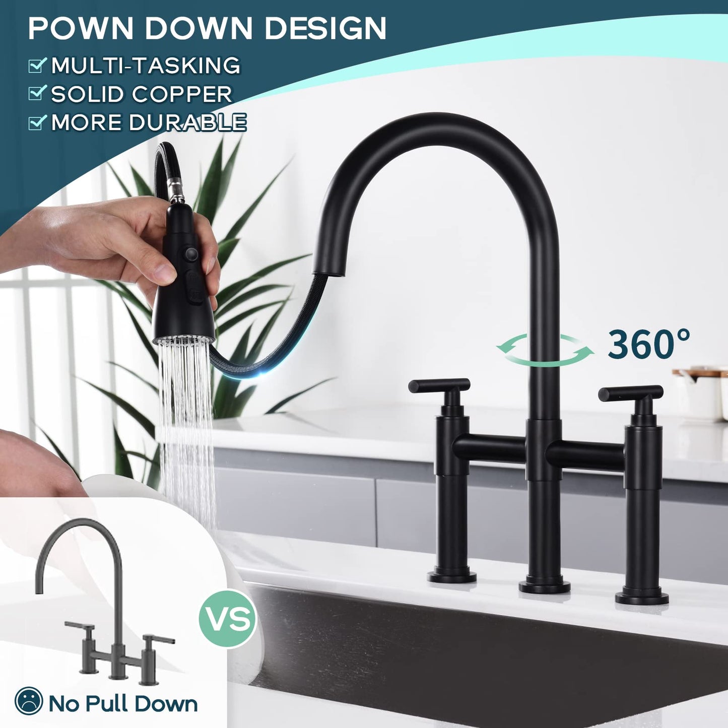 ARRISEA Bridge Kitchen Faucet with 3 Mode Pull-Down Sprayer 2 Handle 8 Inch Faucet for Kitchen Sinks 3 Hole Kitchen Sink Faucet, Fingerprint Resistant Spot Free Matte Black