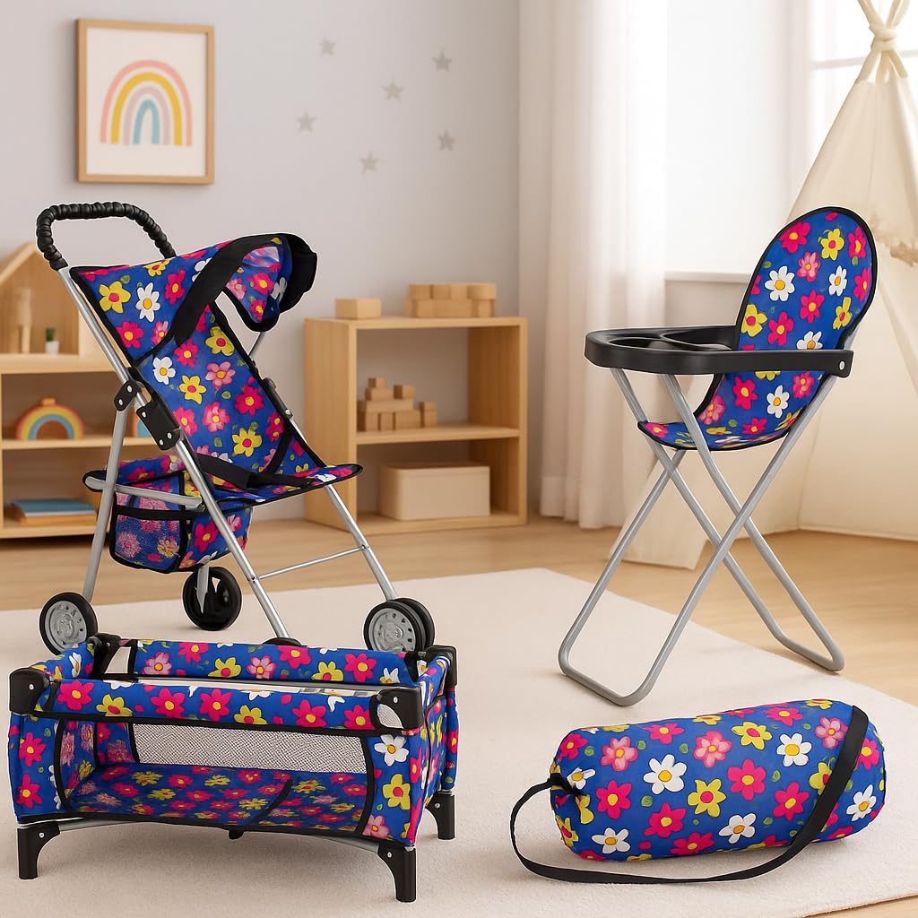fash n kolor 3 Piece Baby Doll Play Set Flower Design Includes - Foldable Pack N Play, Baby Doll Stroller, Baby Doll High Chair, Fits Up to 18'' Dolls 3 Piece Doll Accessories Set, Best Gift for Girls