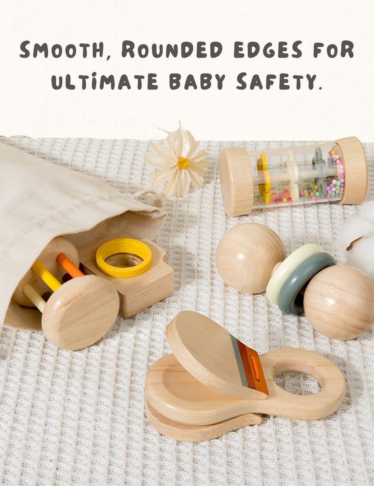 7 PCS Wooden Baby Toys Set - Organic Infant Rattles Newborns 0-6 Month & Montessori-Inspired Musical Instruments for 0-12 Month - Natural Toddler Developmental Toys