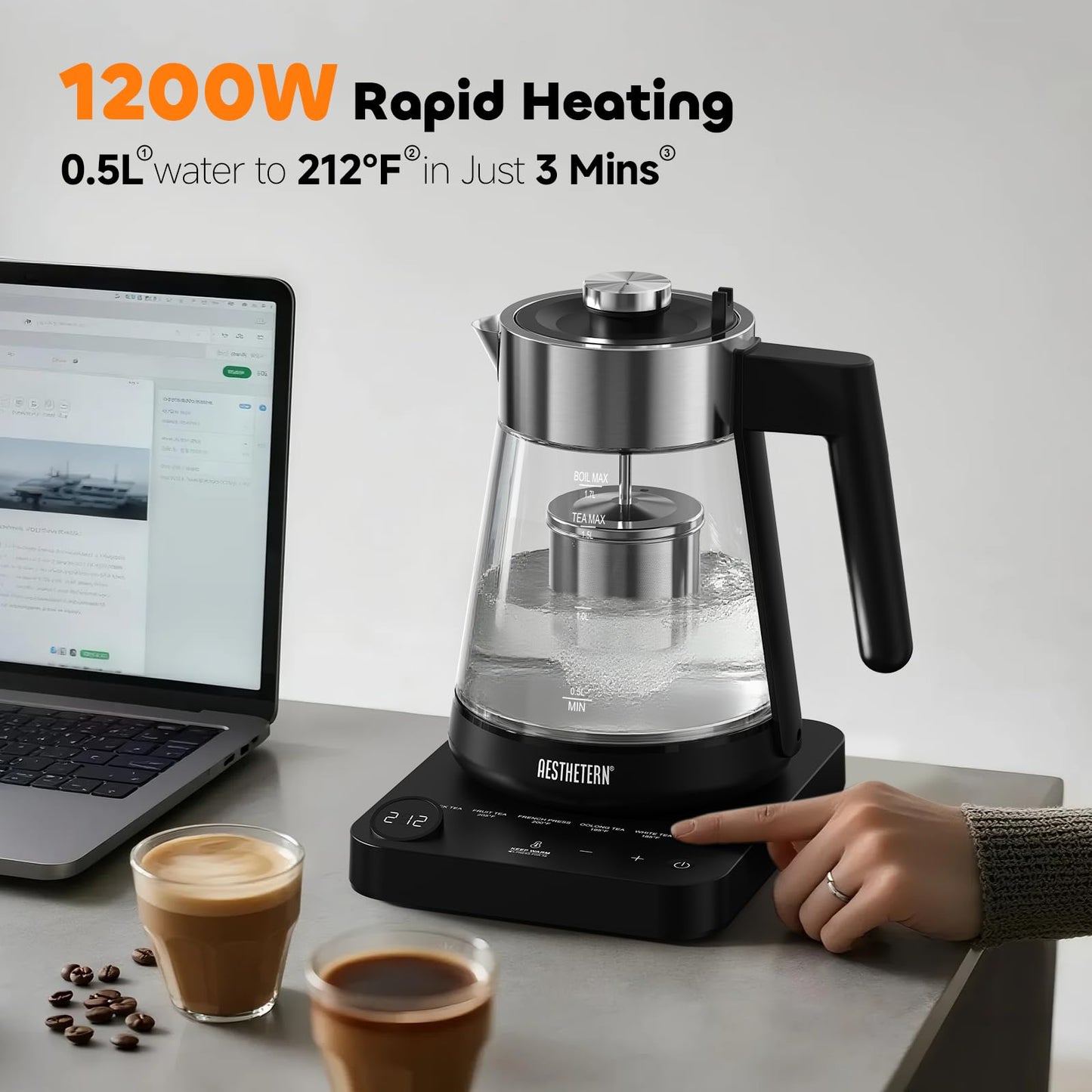 Aesthetern Electric Tea Kettle with Infuser 1.7L Glass Electric Kettle with Temperature Control Automatic Shut Off 12H Keep Warm for Tea Coffee Water Heater, Black