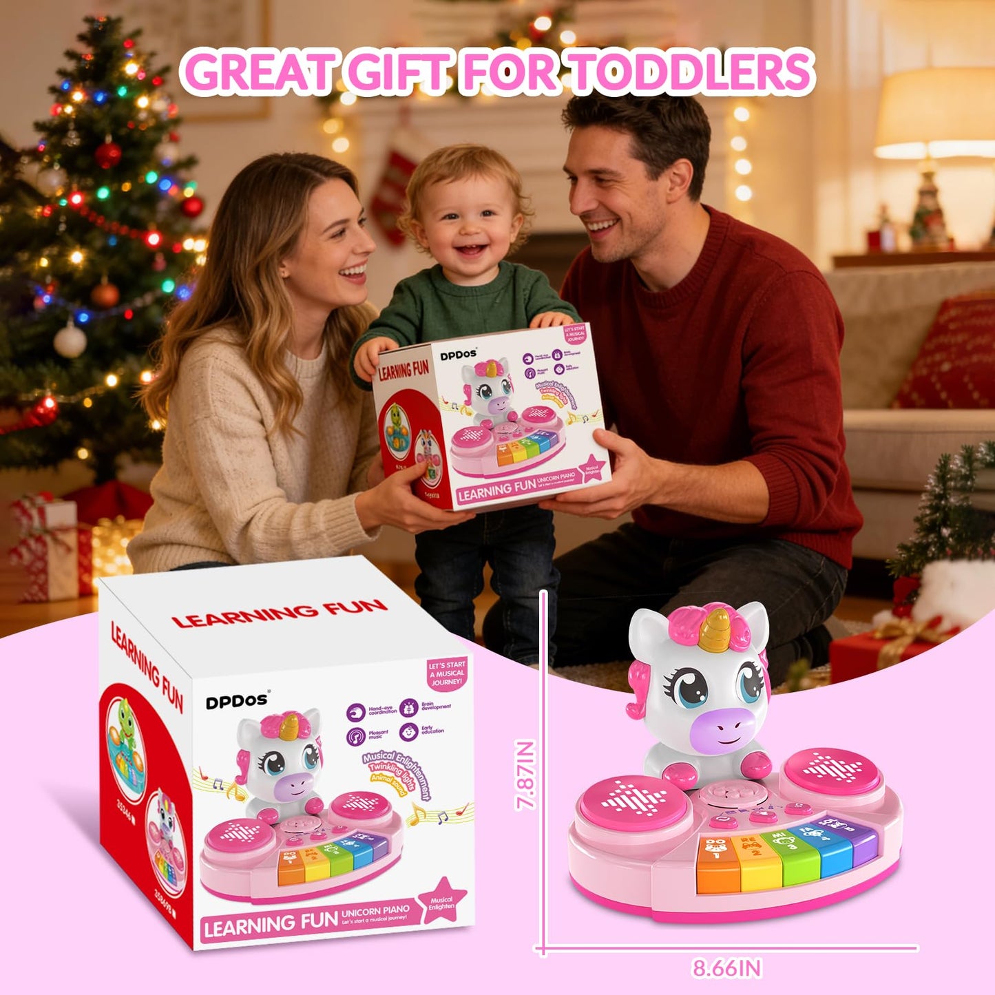 DPDos Unicorn Baby Piano Toy with Animal Sounds, Light Up Musical Keyboard, Educational Toddler Learning Toys for 1 Year Old Girl, Birthday Gifts 6+ Months