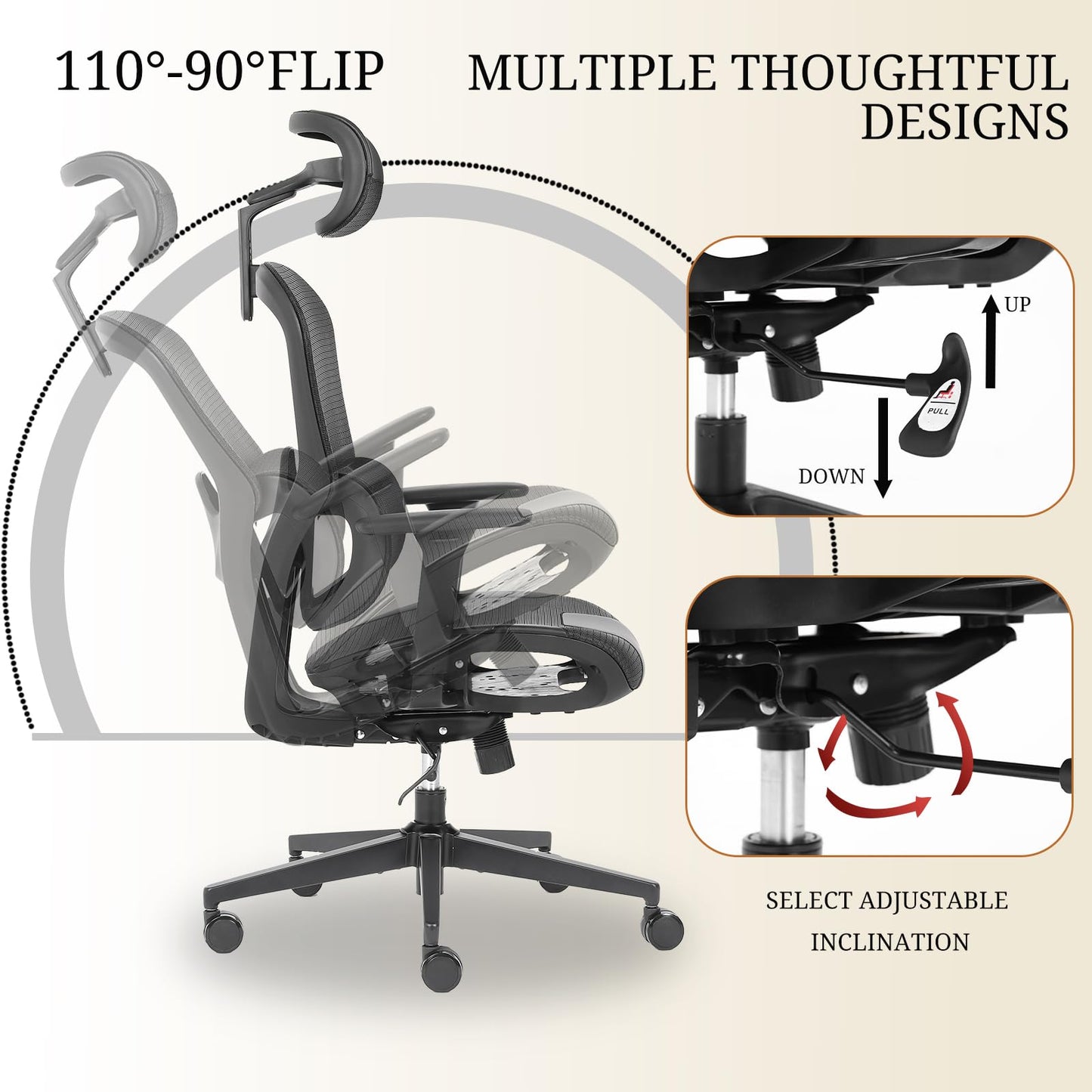 SinFurn Grod Ergonomic Mesh Office Chair with Lumbar Support - Adjustable Seat Height, Flip-Up Arms Breathable Mesh Desk Chair for Home Office, Work & Gaming (Black)