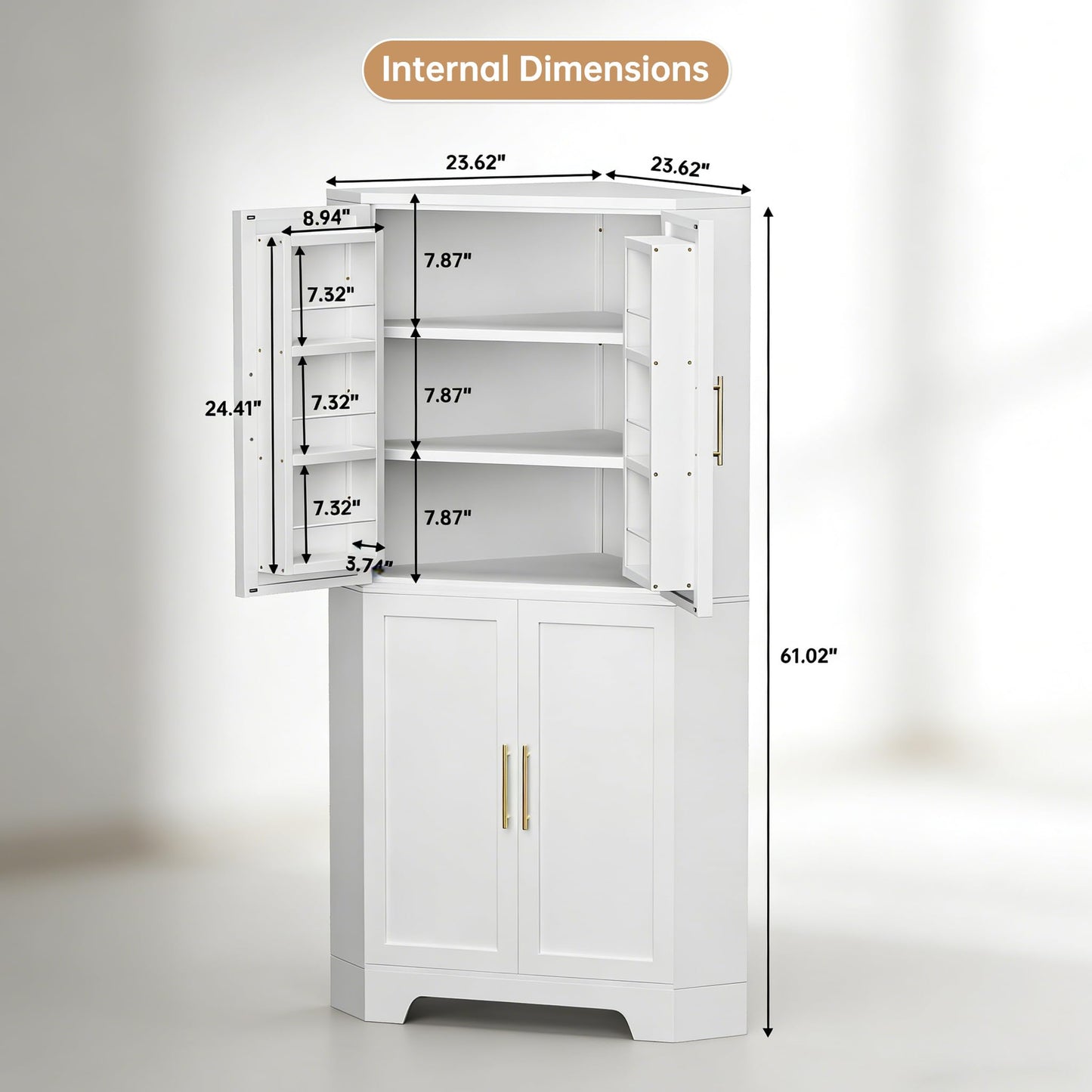AUN Corner Cabinet, Kitchen Pantry Storage Cabinet with Adjustable Shelves & Spice Rack, Tall Freestanding Corner Pantry with Shaker Doors & Gold Handles for Kitchen, Bathroom, Living Room (White)