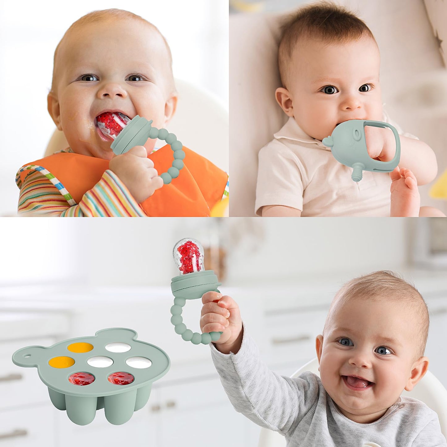 Gedebey 3-in-1 Baby Food & Fruit Feeder Set – Breastmilk Popsicle Mold with Freezer Tray, Teething Relief Toy, BPA Free Infant Silicone Feeding Combo, 3 Bonus Sizes (S/M/L) Sacs (Pea Green)