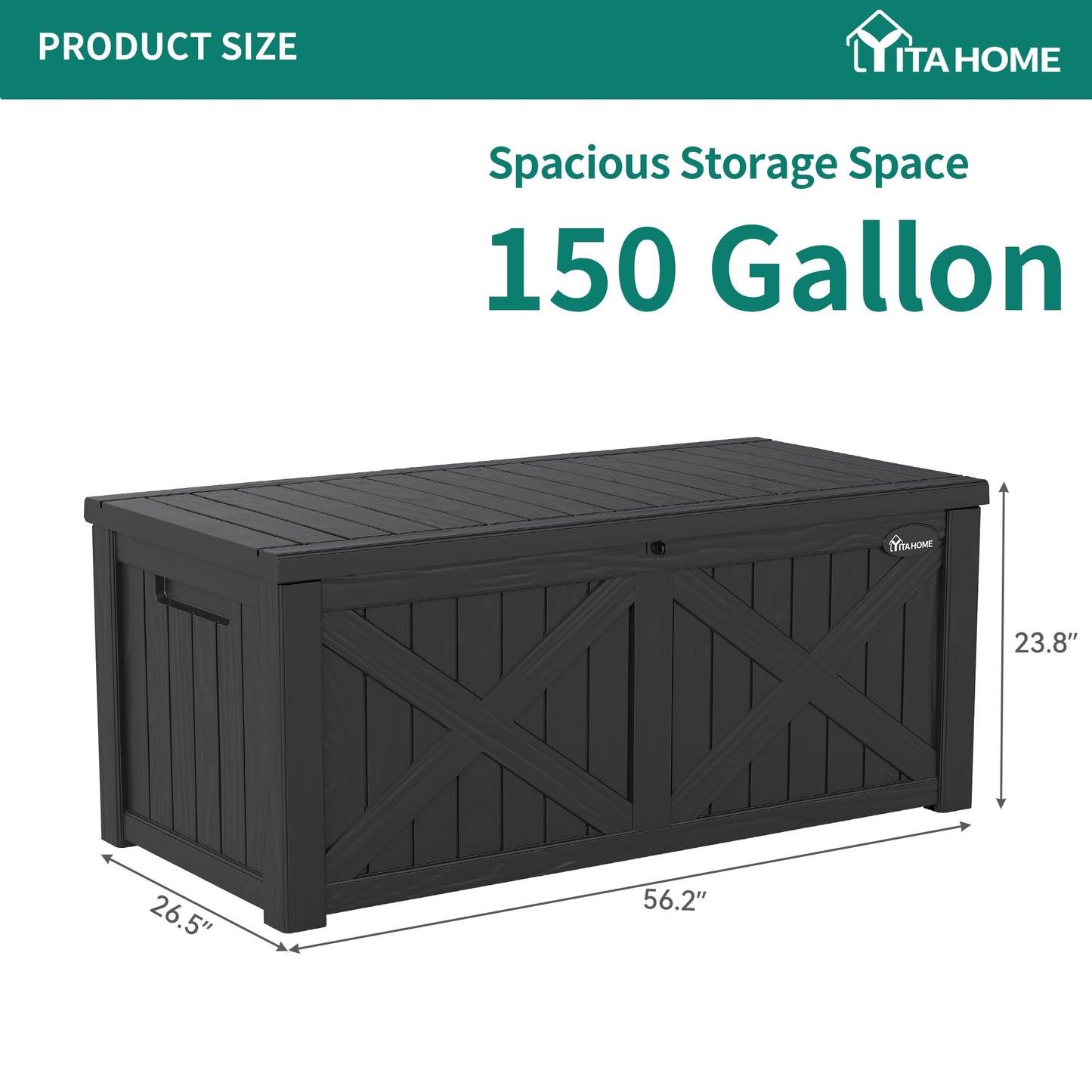 YITAHOME 150 Gallon Large Outdoor Storage Box with X-Shaped Front, Waterproof Resin Deck Box Cushion Storage Bench for Patio, Pool Supplies, Garden Tools - Lockable, Black