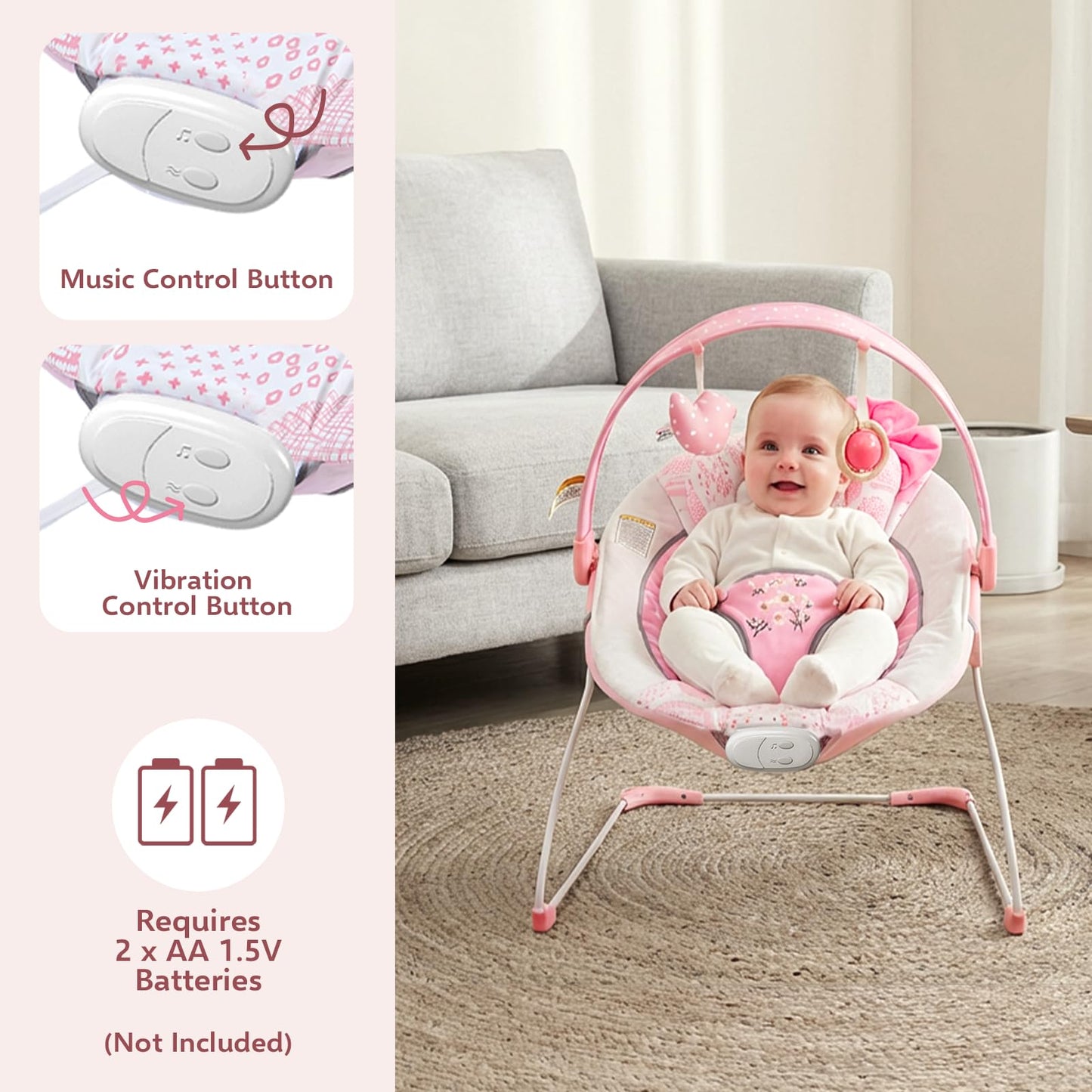 Baby Bouncer, Portable Infant Bouncer, Adjustable and Foldable Baby Rocker with Vibrations,Baby Bouncer Seat for Baby 0-6 Months 6-20 lbs Indoor & Outdoor Use
