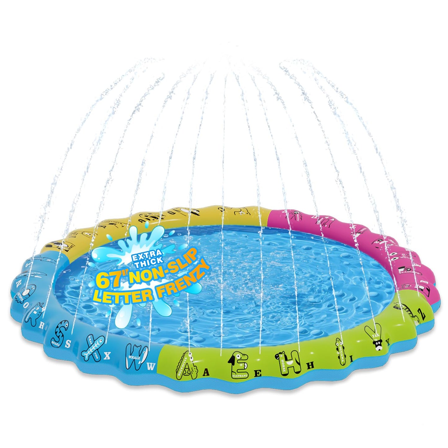 67" 3-in-1 Non-Slip Splash Pads for Toddlers 1-3 & Kids Ages 4-8, Baby Learning Pool, Sprinkler for Kids Summer Outdoor Water Toys, Game Mat with A-Z Letters