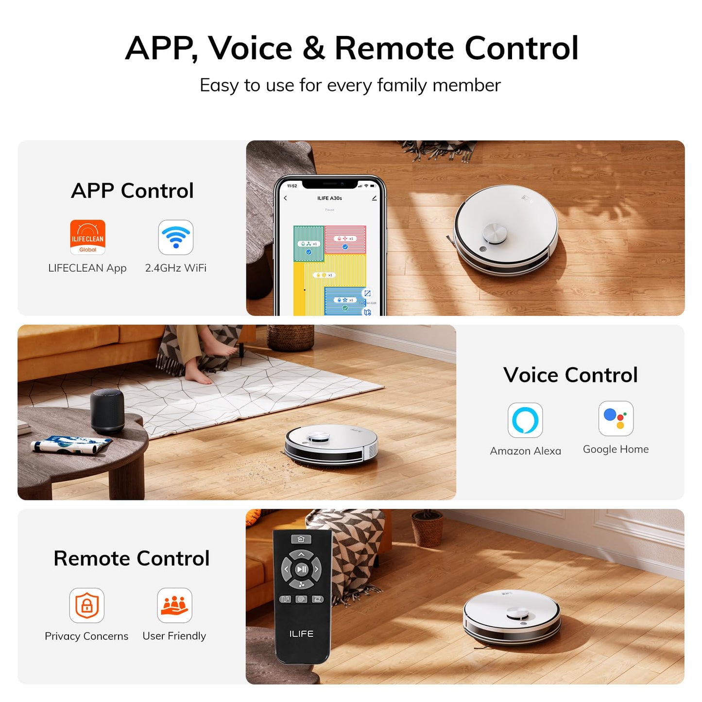 ILIFE A30s Robot Vacuum Cleaner, 10000Pa Max Suction Power with Lidar Navigation, Home Mapping, No-Go Zone, 150 Mins Max, 2.4G WiFi/App/Alexa/Remote Control, for Hard Floor, Carpet and Pet Hair