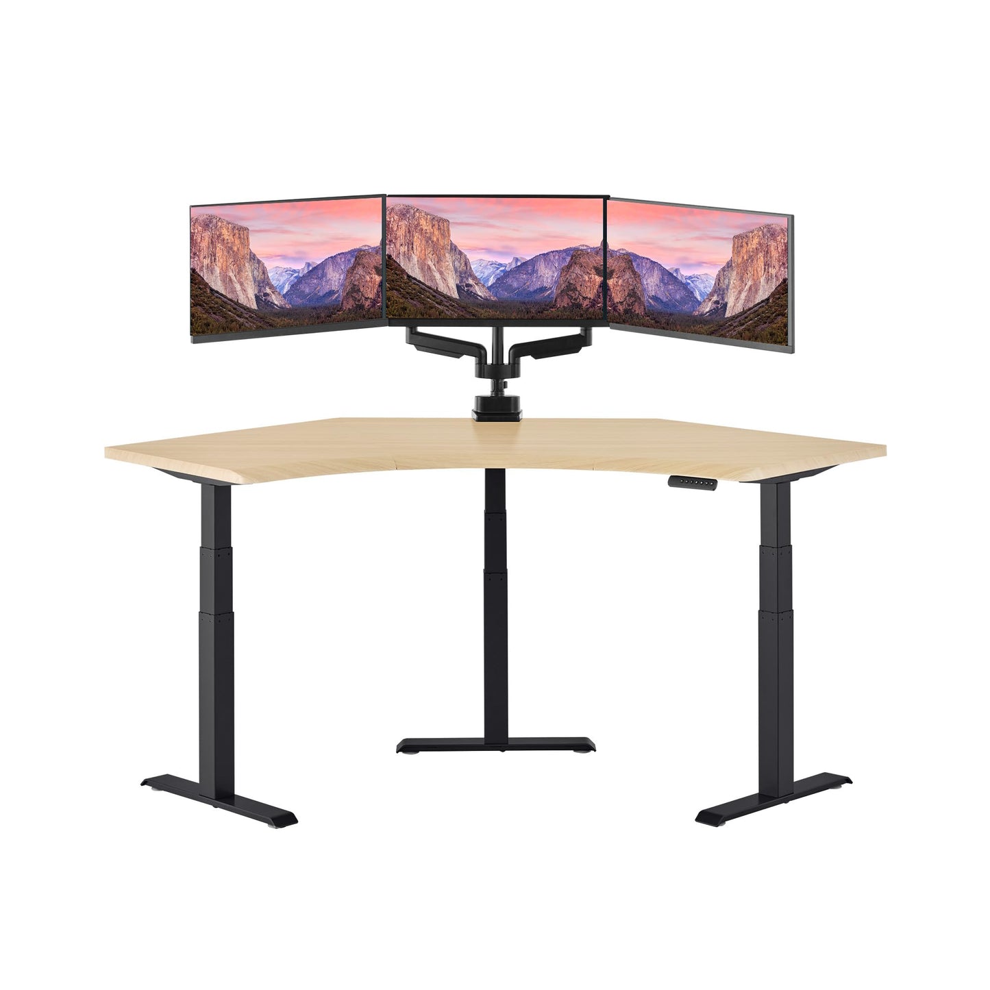 Vari Command Center Electric Standing Desk – 120° Curved Sit-Stand Gaming Desk Corner Workstation for Triple Monitors + Sloped Front Edge, 4 Height Settings, 200 lb Capacity (Light Wood/Black Legs)