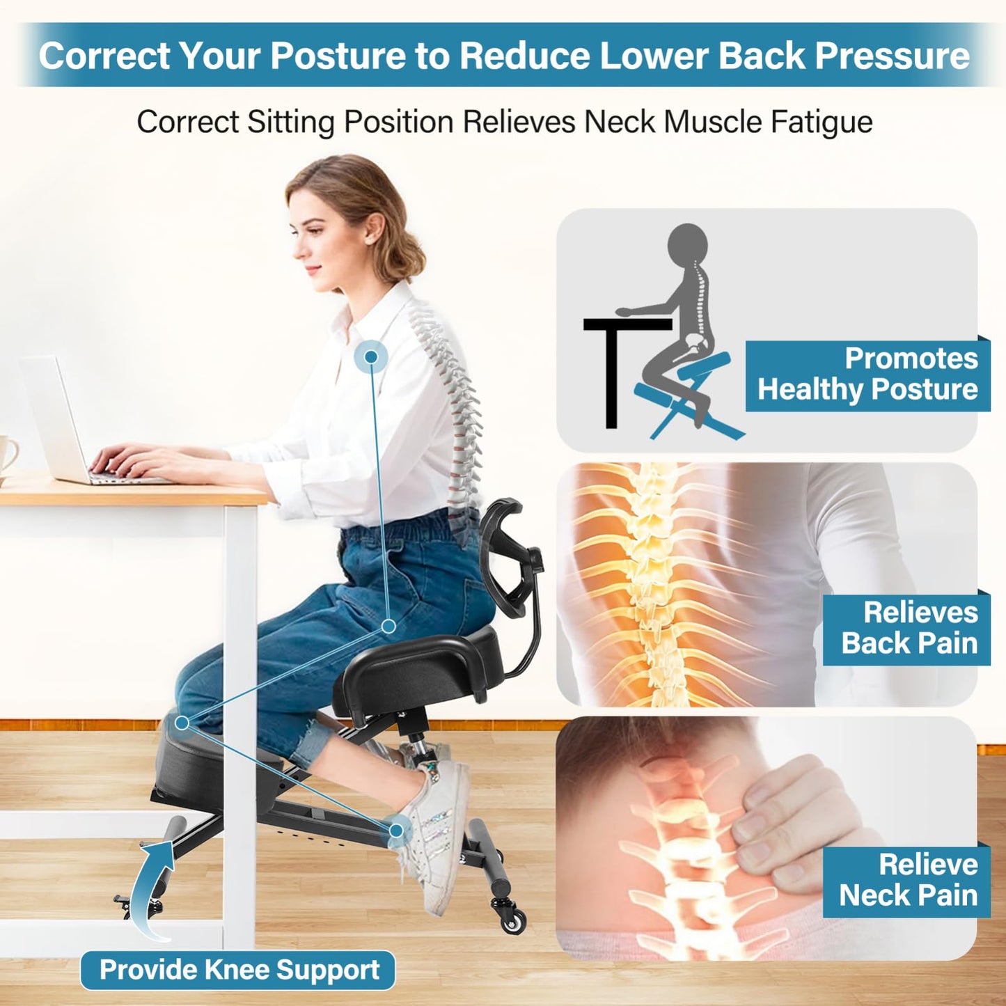 Kneeling Chair, Ergonomic Kneeling Chair with Back Support, kneelings Office Chairs with Adjustable Height and Lumbar Support for Banking Meeting Room Office Home Reception,Improve Postures