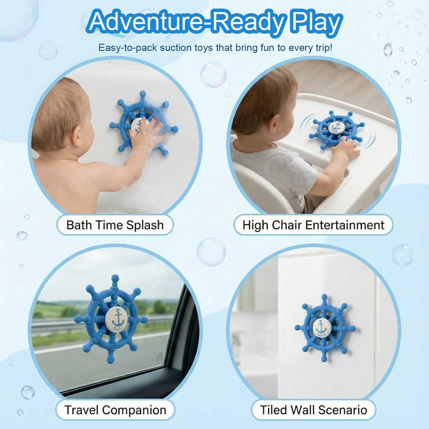 Baby Suction Spinner Toys for Bathtub, Silicone Toddler Bath & High Chair Toys for 1 Year Old Boy/Girl Birthday Gift, Interactive Ship Steering Wheel InfantToy for Car Window Travel-Blue