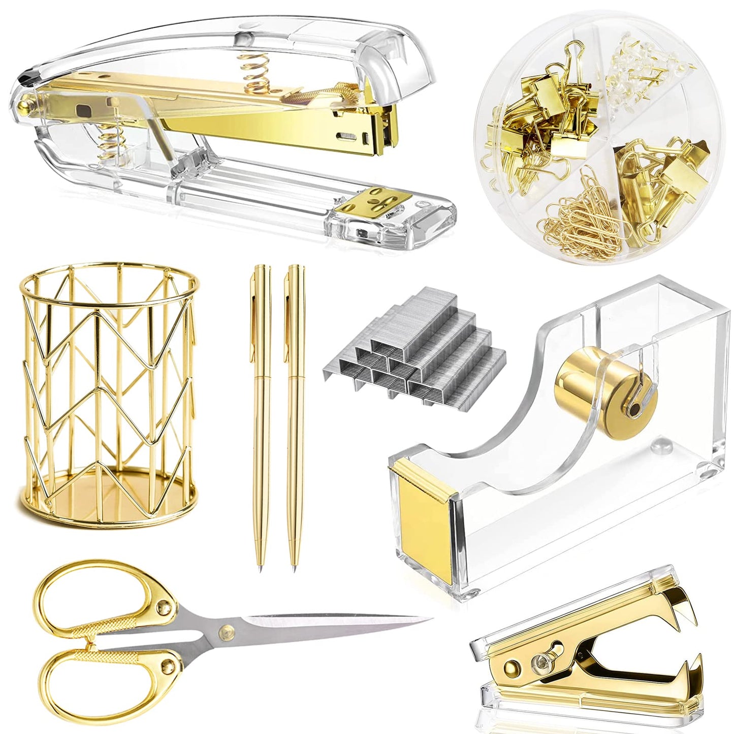 Office Desk Accessories，Office Supplies Set Acrylic Stapler Set Staple Remover, Tape Holder, Pen Holder, 2 Ballpoint Pen, Scissor, Binder Clips, Paper Clips and 1000pcs Staples(Black)