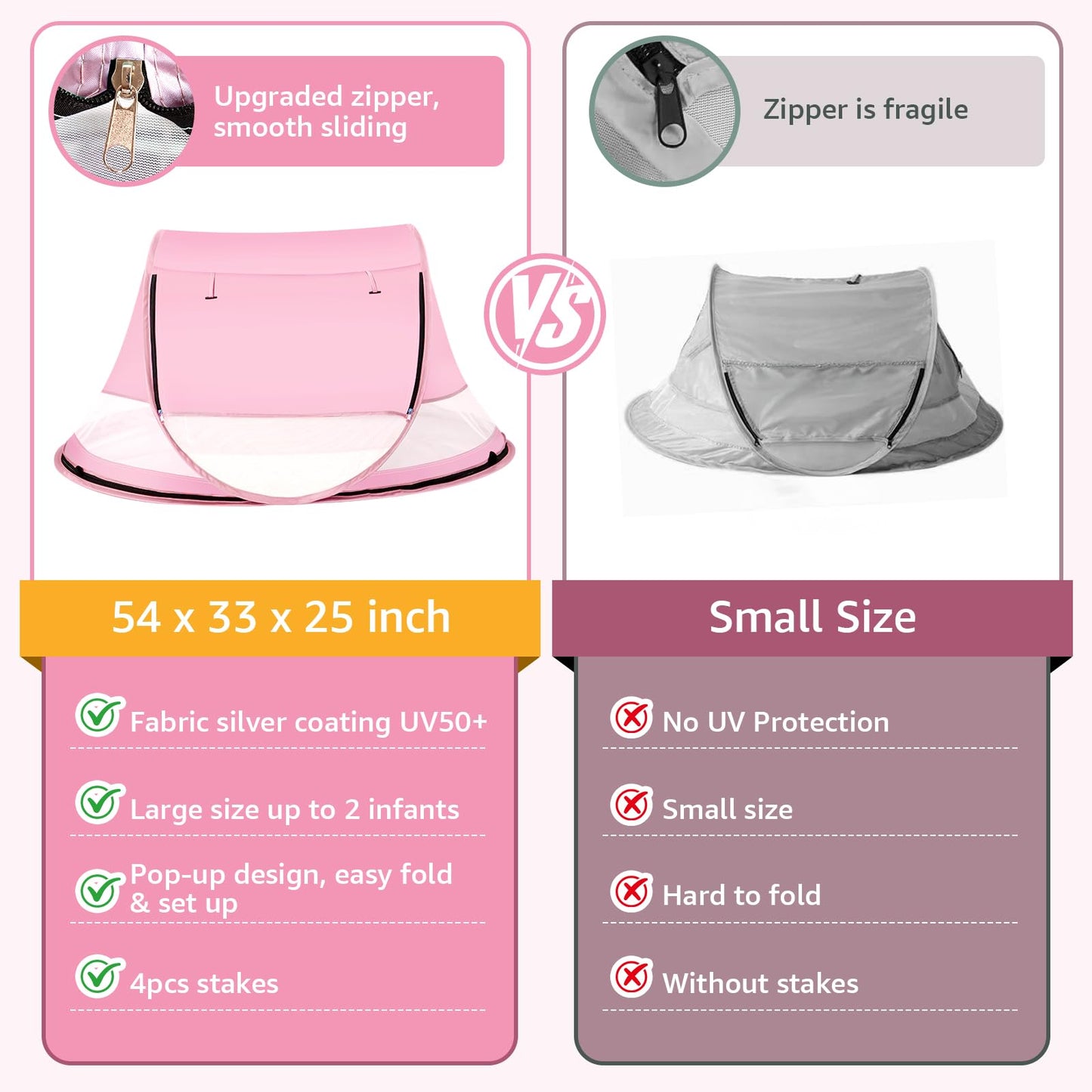 Baby Beach Tent, Pop Up Beach Tent Sun Shade for Beach, UPF 50+ UV Protection Sun Shelters for Infants with Carry Bag for Outdoor Travel, Camping(Pink)